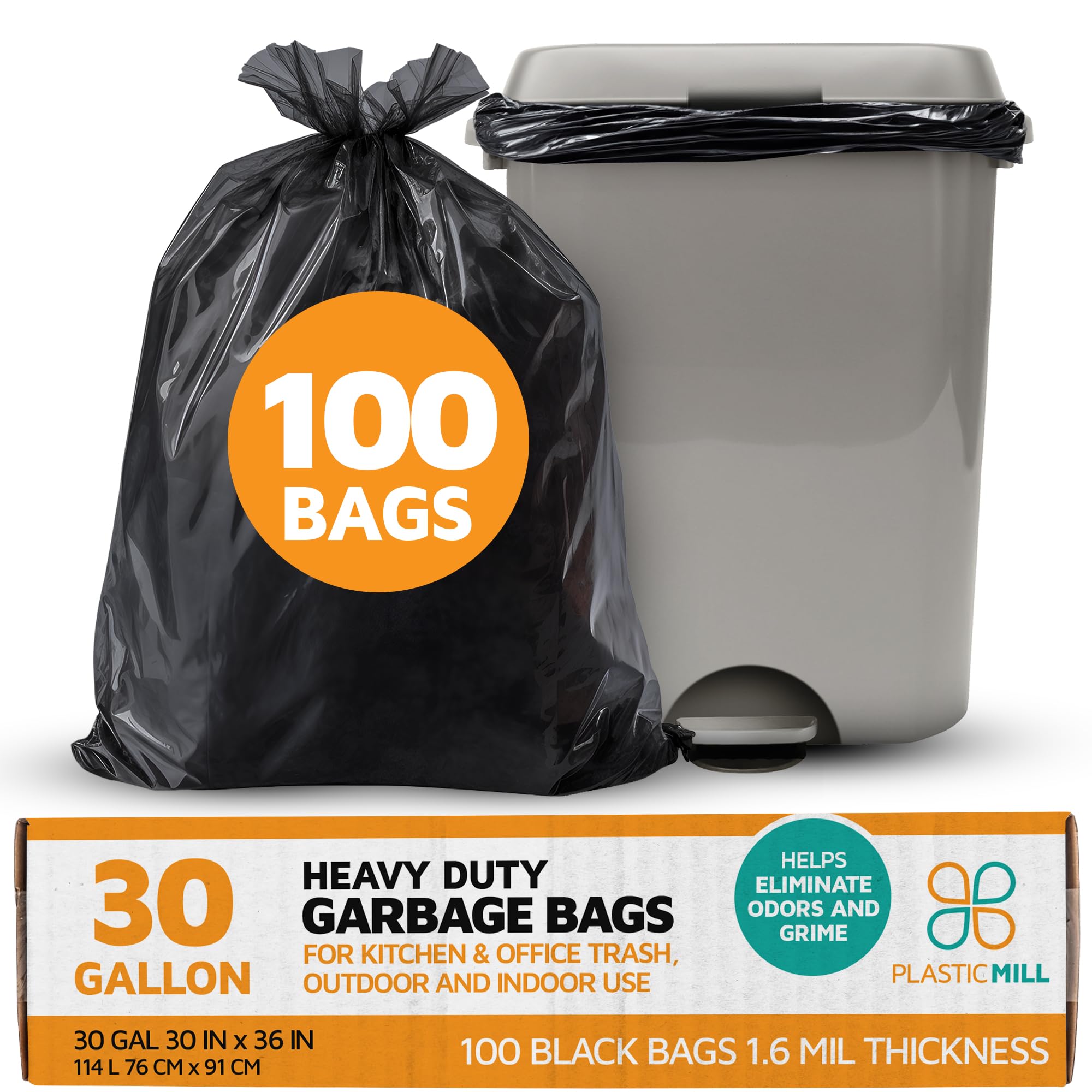 Heavy Duty Trash Bags - 100 Count Black Garbage Bags 20-30 Gallon, 1.6 Mil Thick, 30