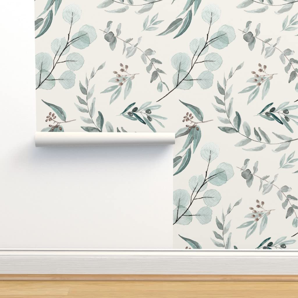 Removable Wallpaper Swatch - Large Scale Eucalyptus Leaves with Bone Background | Australian Flora Design | Pre-Pasted Peel & Stick Wallpaper by Spoonflower | Perfect for Nursery, Bedroom or Home Office Decor