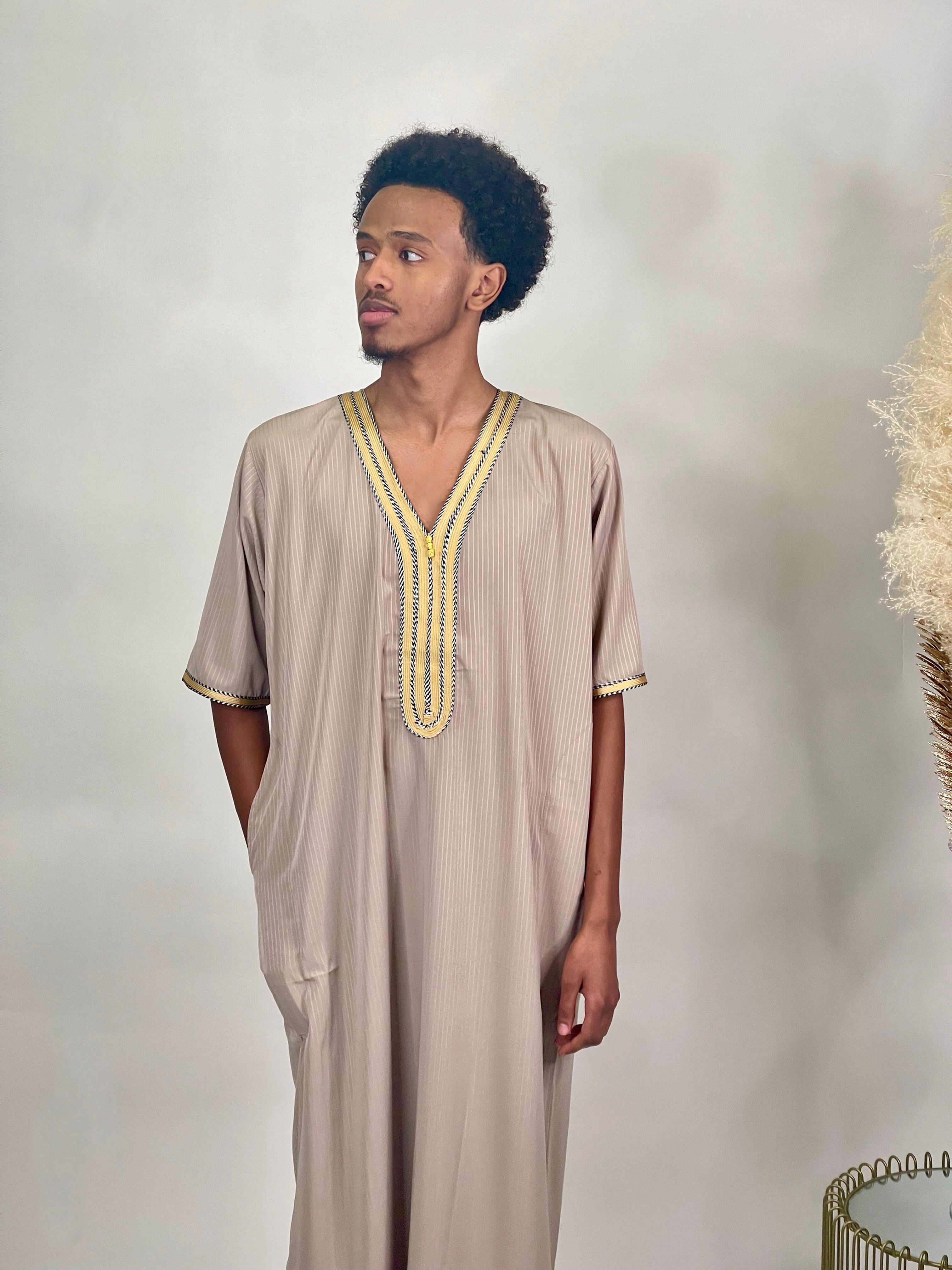 Elegant 1/2 Sleeve Cream & Gold Djellaba - Moroccan Kaftan Dress for Women, Perfect for Weddings, Parties & Special Occasions