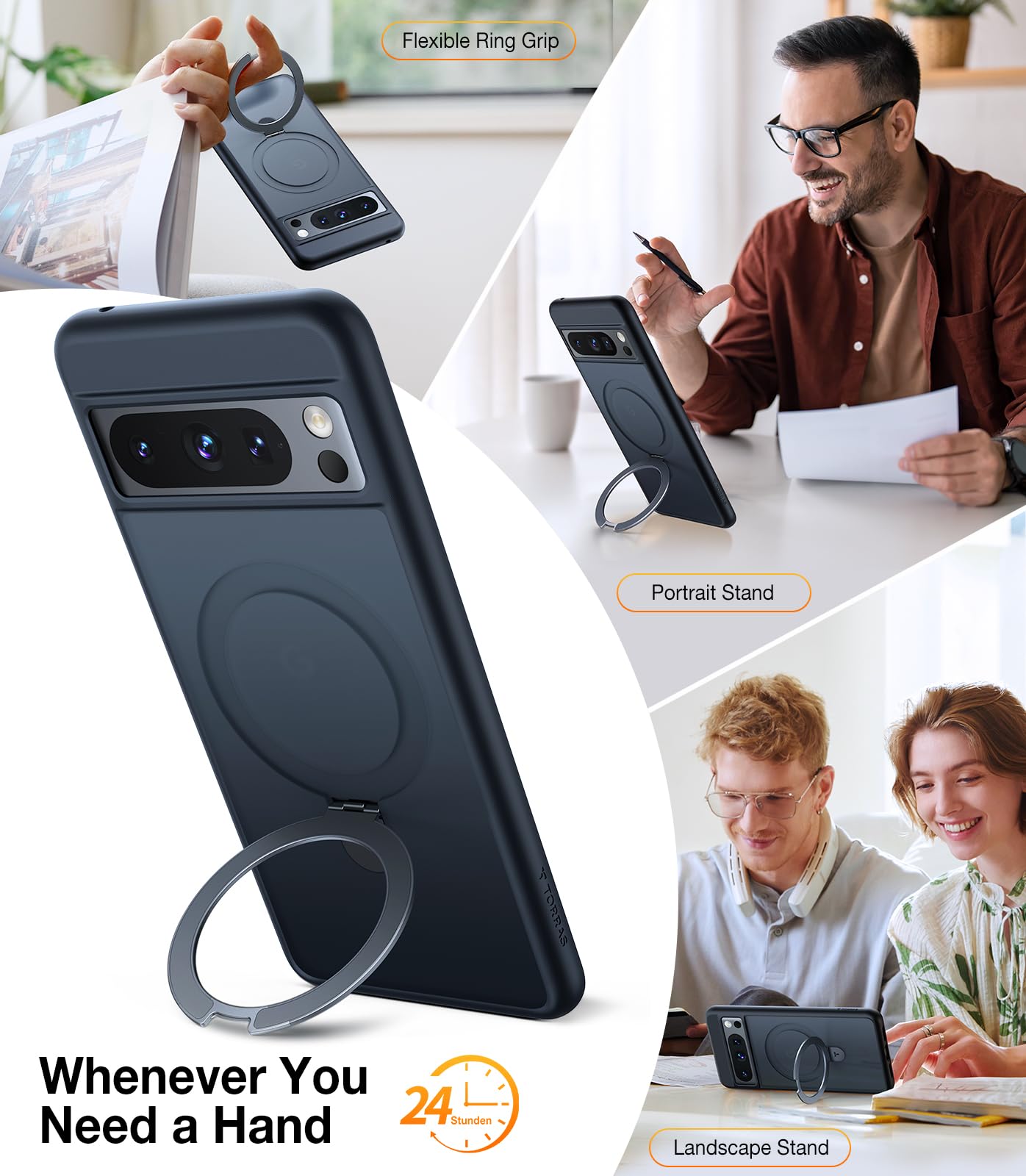 TORRAS Magnetic Shockproof Case for Google Pixel 8 Pro - Slim Protective Phone Cover with Built-in Stand & Magsafe Compatibility | 12FT Military Drop Protection | Durable Kickstand Design | Perfect for Work, Travel & Outdoor Activities (Black)