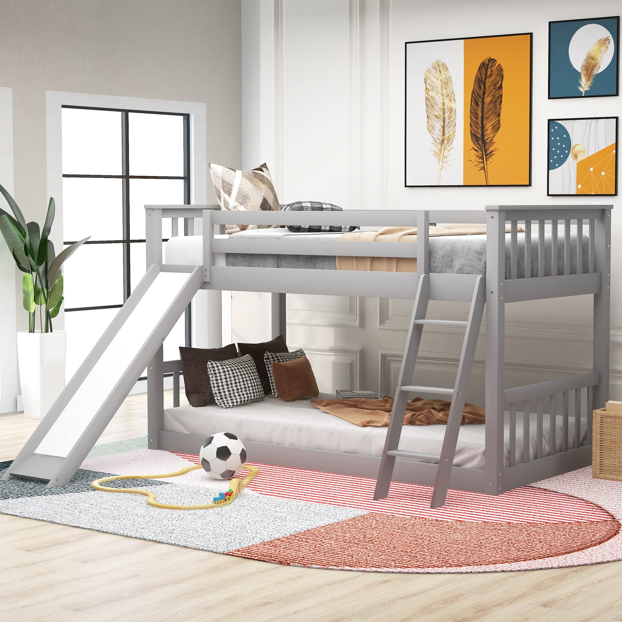 P PURLOVE Twin Over Twin Bunk Bed with Reversible Slide & Ladder - Sturdy Wooden Bunk Bed Frame for Kids, Teens, Boys & Girls in Gray - Perfect for Shared Bedrooms, Sleepovers & Small Spaces