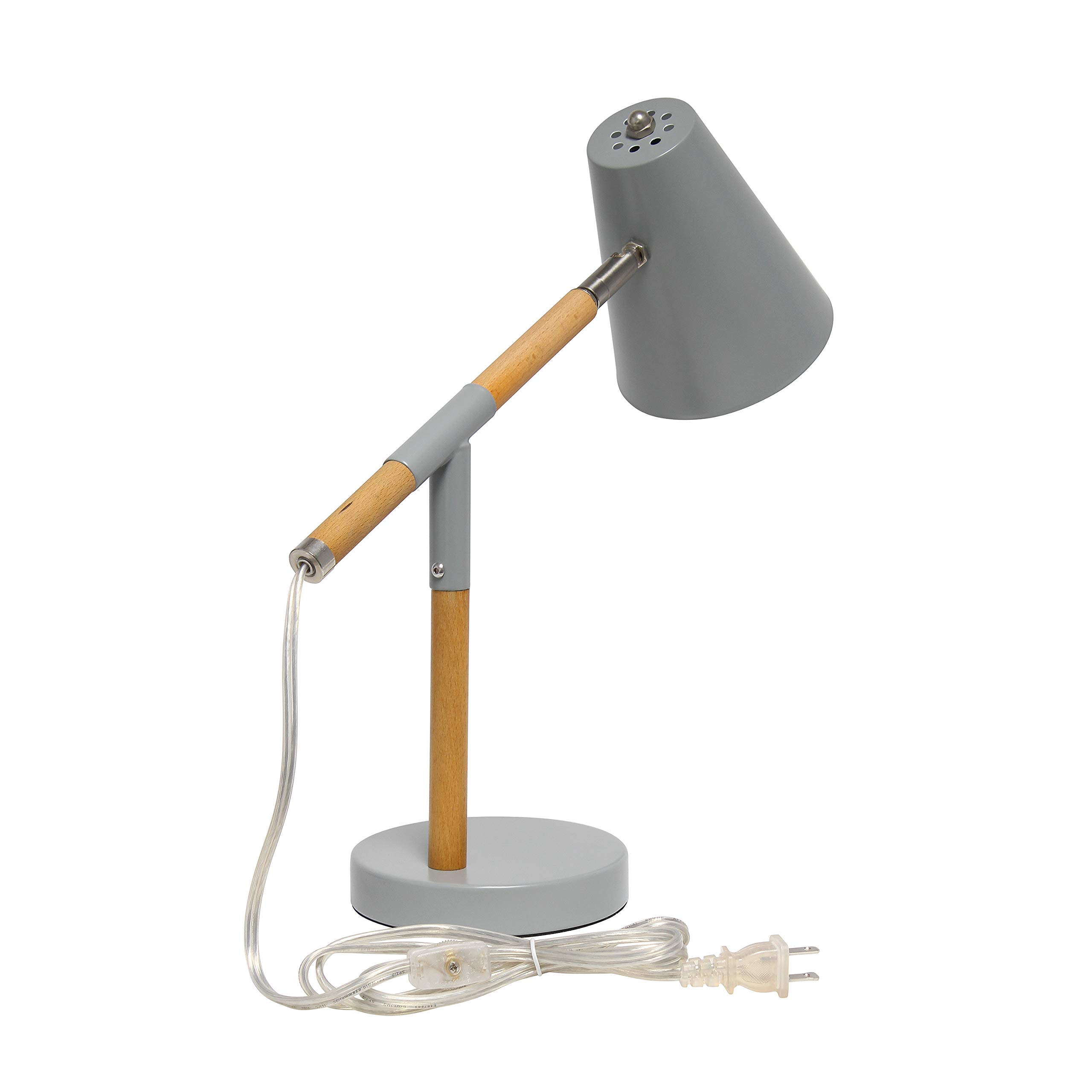 Simple Designs LD1059-GRY Gray Matte & Wooden Pivot Desk Lamp - Adjustable LED Task Light for Home Office, Study, Reading & Nightstand Use