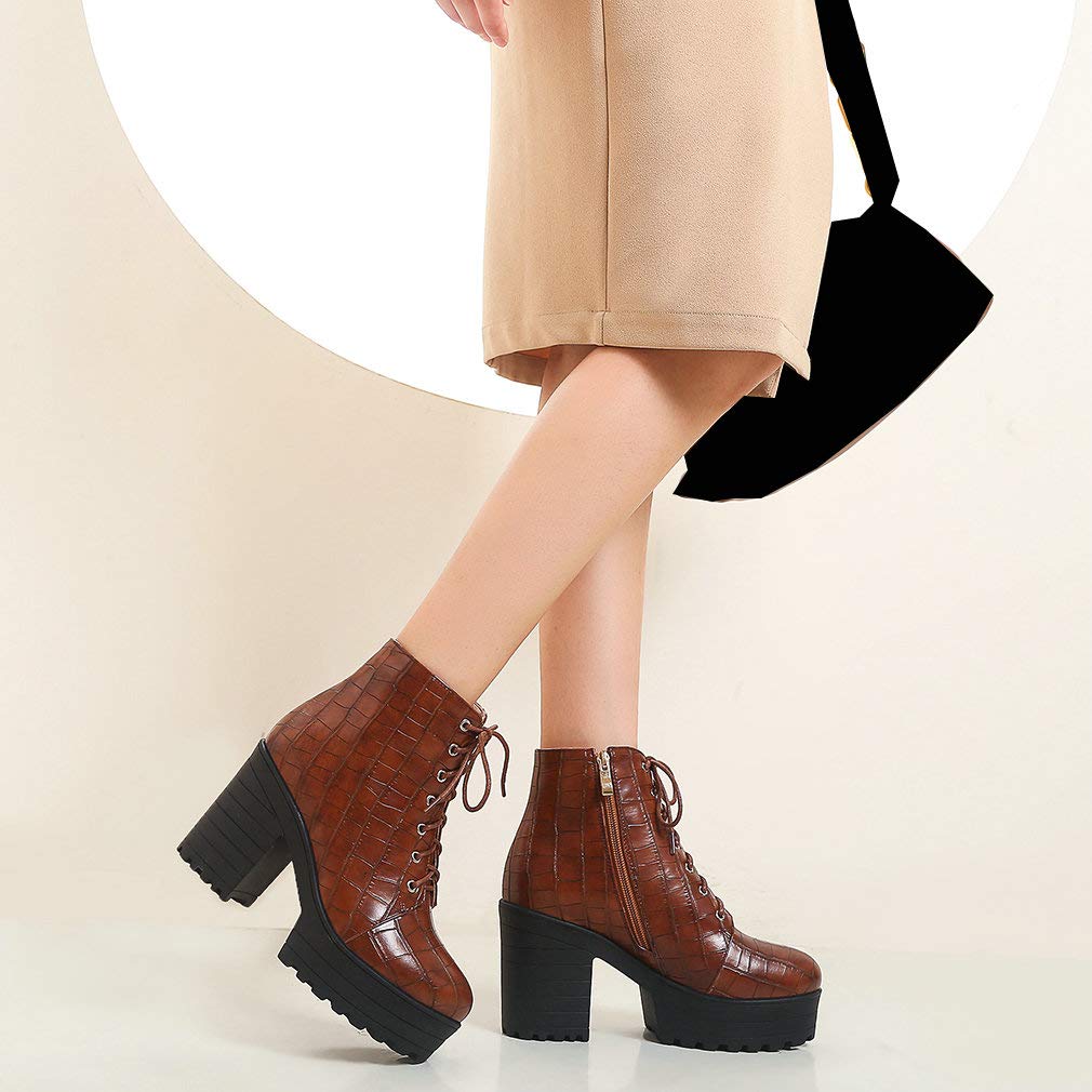 Parisuit Women's Chunky Lace Up Booties - Platform High Heel Ankle Boots for Autumn & Winter | Fashion Shoes for Women | Perfect for Office, Party & Casual Outfits