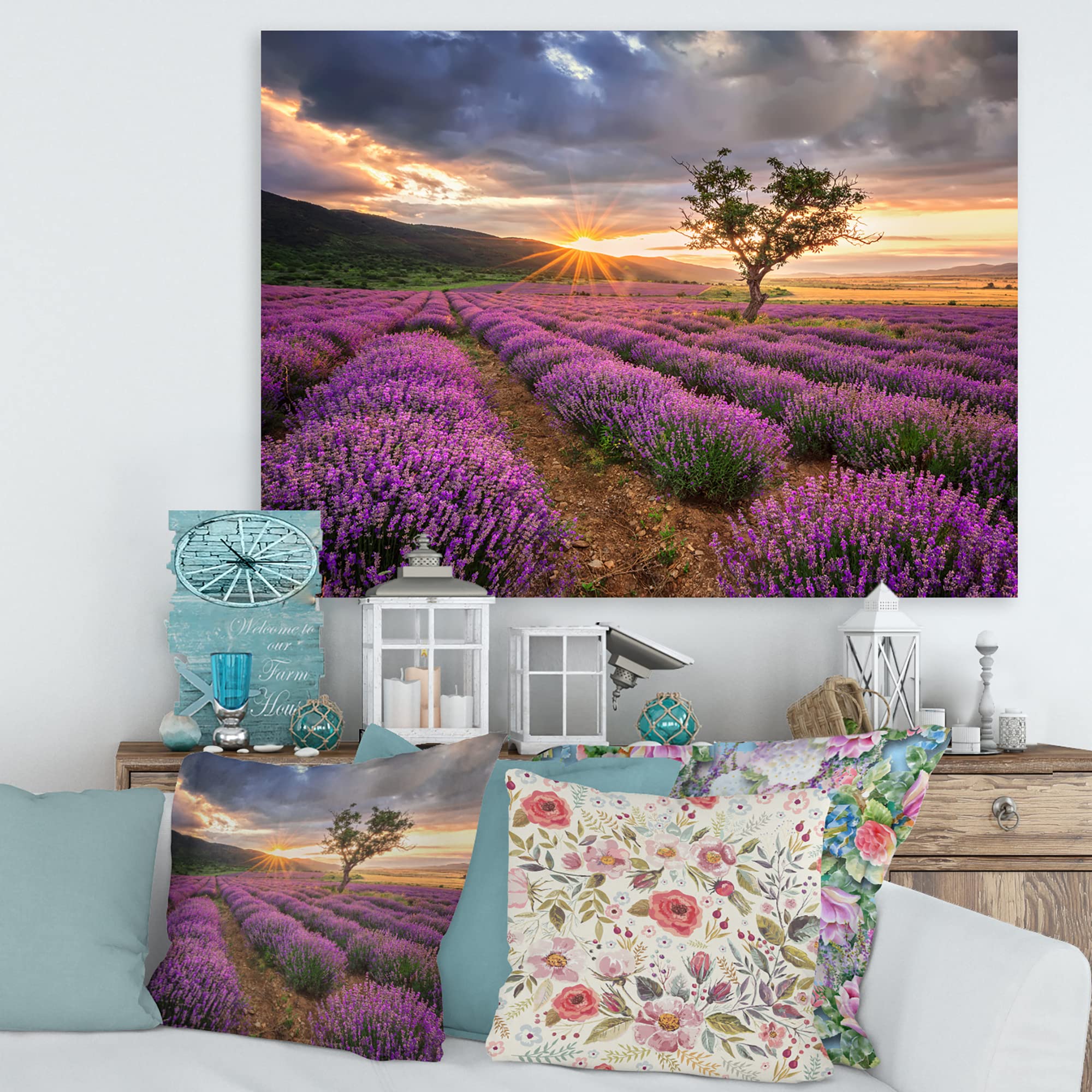DesignQ Sunrise & Dramatic Clouds Over Lavender Field VIII - Farmhouse Style Canvas Wall Art Print for Living Room, Bedroom & Office Decor