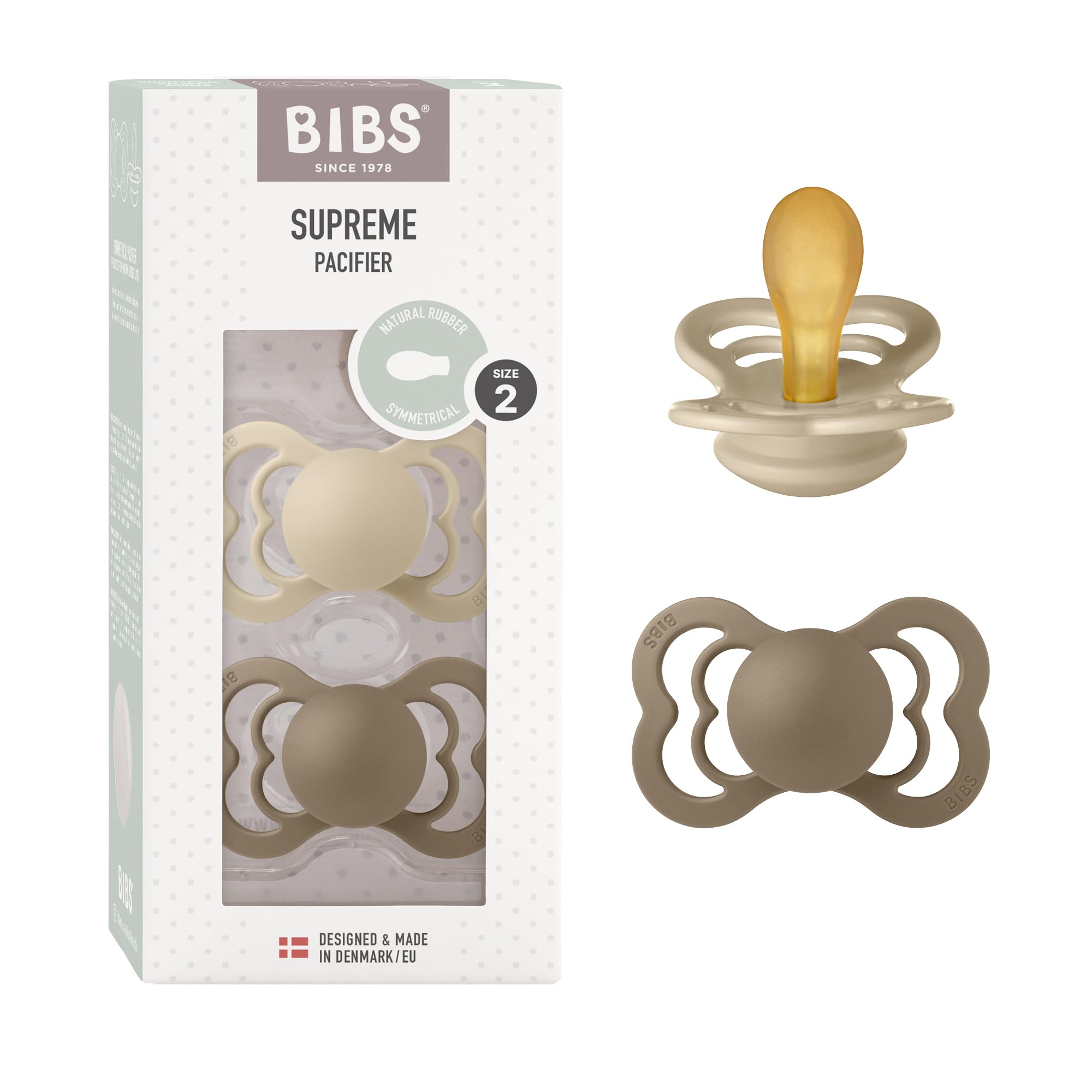 BIBS Supreme Collection Pacifiers - BPA-Free Symmetrical Nipple, Natural Rubber Latex Baby Soother (Set of 2, Vanilla/Dark Oak) for 6-18 Months | Made in Denmark | Perfect for Daycare, Travel & Comforting Fussy Babies