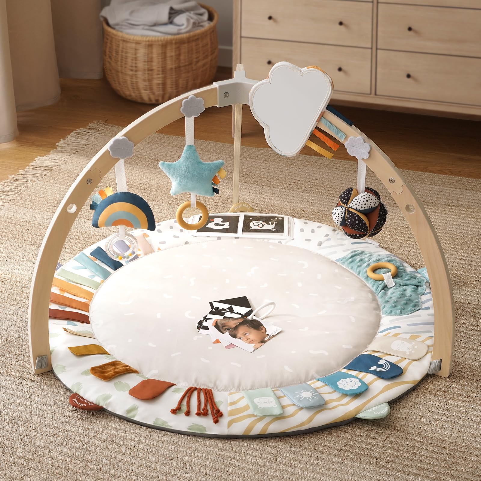 Blissful Diary Baby Play Gym & Activity Mat - 5 Developmental Zones Wooden Tummy Time Mat with 6 Detachable Sensory Toys for Infant Motor Skills & Sensory Development | Newborn Essentials, Baby Shower Gift for Boys & Girls | Perfect for Nursery, Playtime & Learning Activities