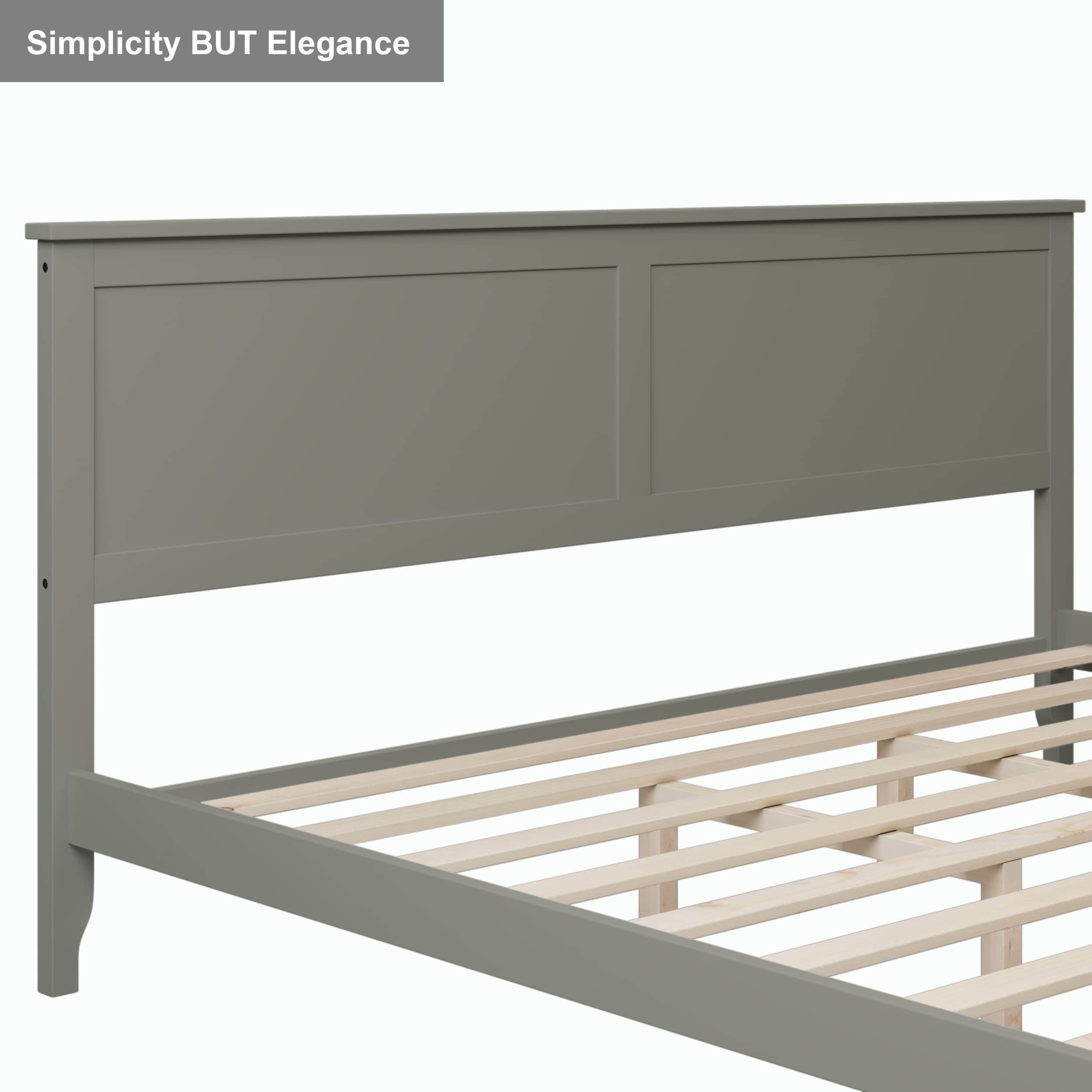 JULYFOX King Size Bed Frame with Headboard - Gray Pine Wood Platform Bed for Heavy Duty Support (800 lbs) - No Box Spring Needed - Perfect for Master Bedrooms