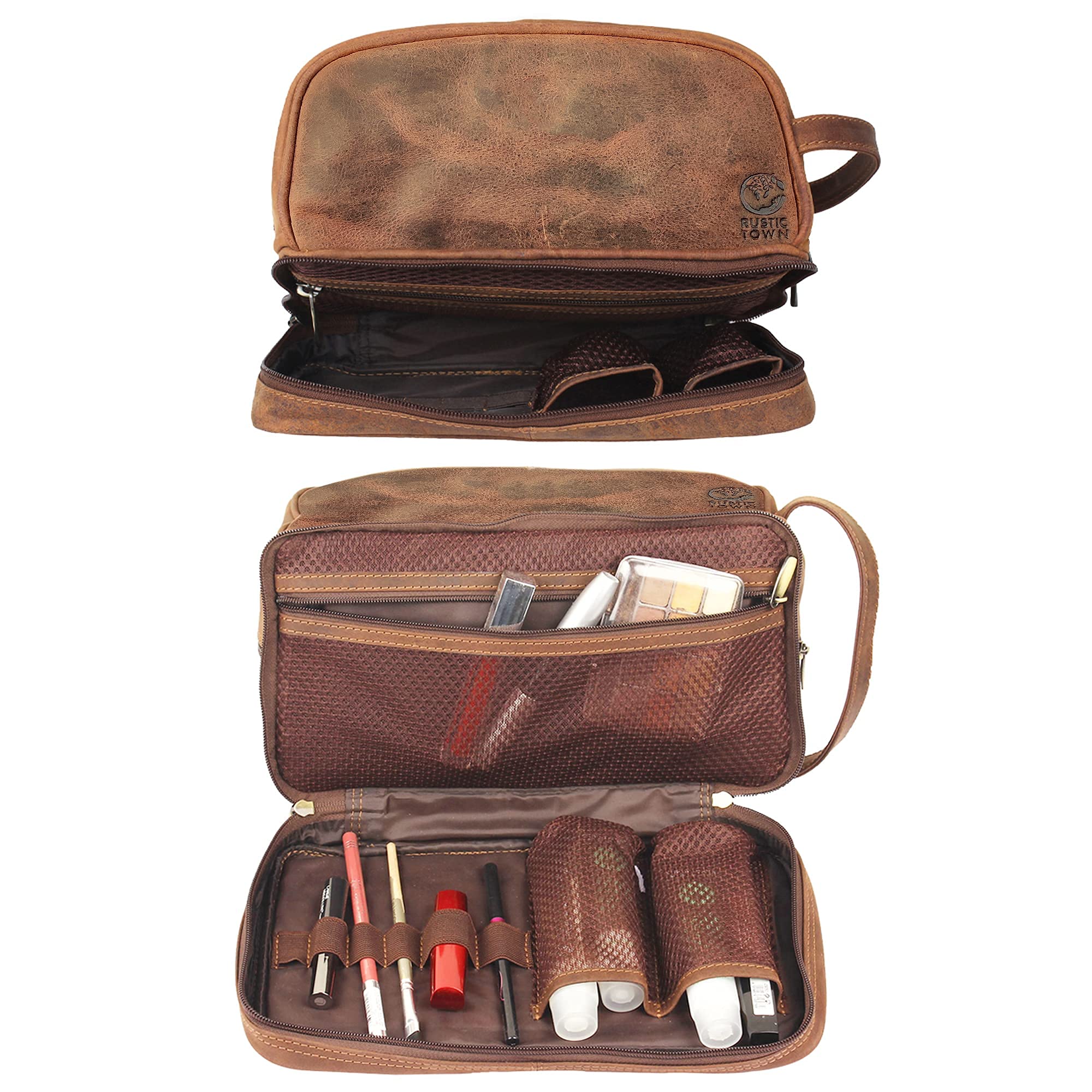 RUSTIC TOWN Handmade Genuine Leather Toiletry Bag Set - Premium Travel Organizer for Men & Women | Perfect Gift for Business Trips, Camping & Vacation Essentials
