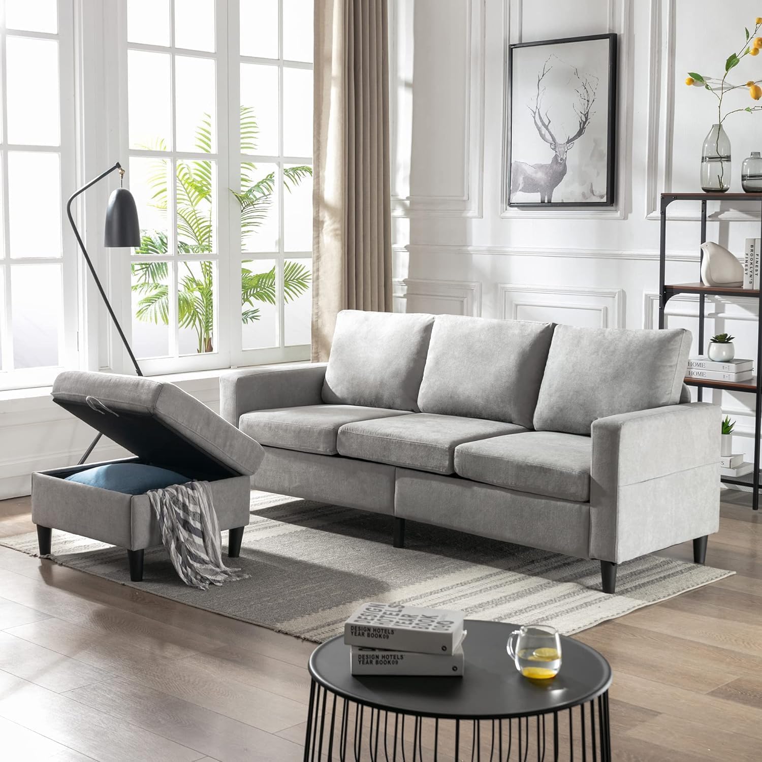 Modern Convertible Sectional Sofa with Reversible Chaise - 3-Seat L-Shaped Couch in Soft Linen Fabric for Small Living Rooms, Apartments & Compact Spaces (Grey) | Perfect for Studio Apartments, Lofts & Cozy Home Decor