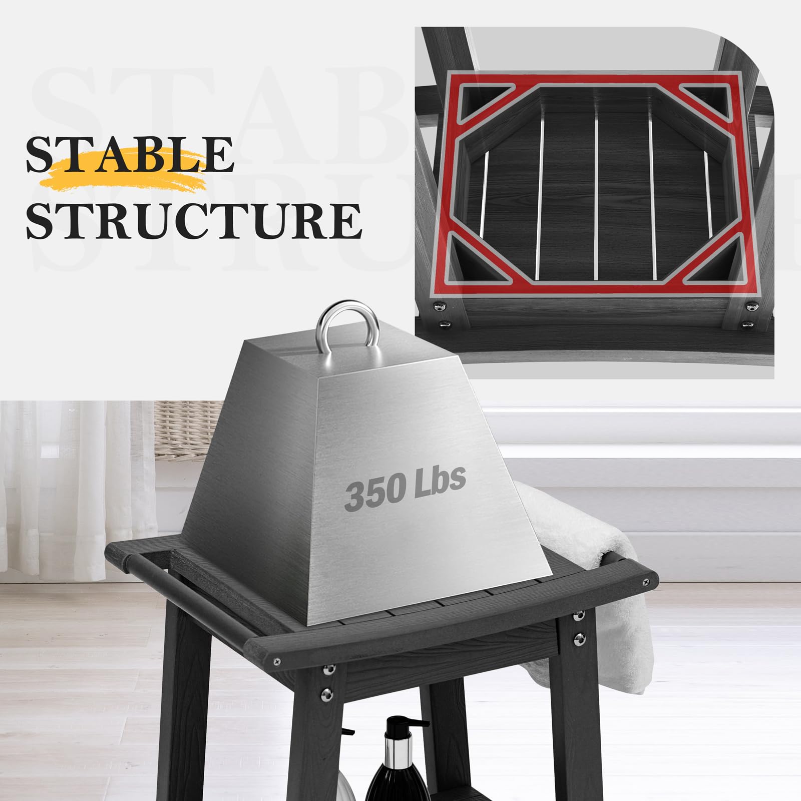 WISHCII Waterproof Shower Chair - Heavy Duty HIPS Shower Bench with Towel Rack & Storage Shelf - Non-Slip Bath Seat for Elderly & Disabled Adults - Ideal for Bathroom Safety & Comfort (Black) - Perfect for Seniors, Post-Surgery Recovery & Handicap Accessibility