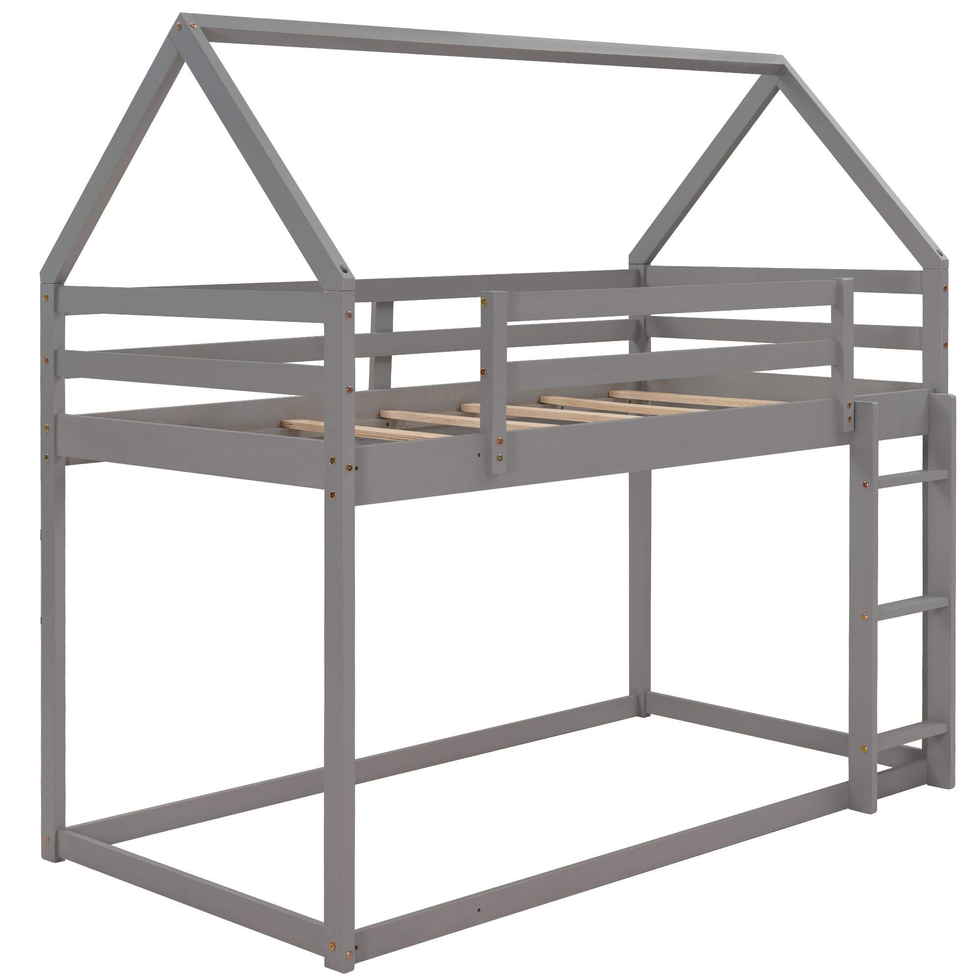 Twin Over Twin Low Bunk Bed Frame with Ladder & Guardrail - Sturdy Wood House Design for Kids & Teens - No Box Spring Needed (Gray + Pine) - Perfect for Small Bedrooms, Dorms, and Shared Kids' Rooms