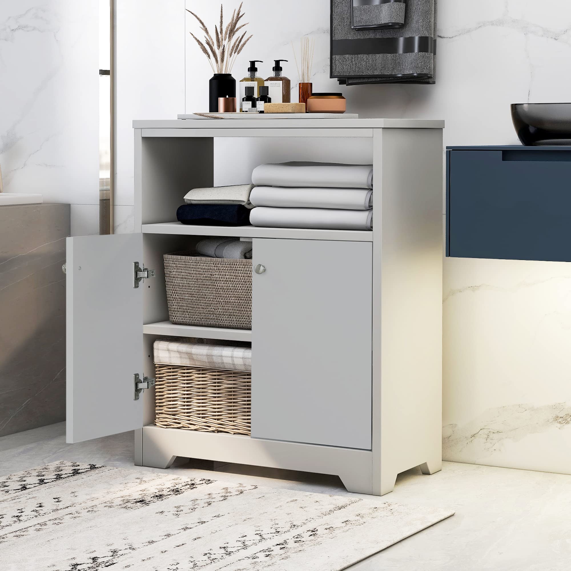 Adjustable Shaken Bathroom Storage Cabinet - Freestanding Floor Organizer for Home, Kitchen & Bathroom - Easy Assembly (Grey) - Perfect for Small Spaces & Clutter Organization