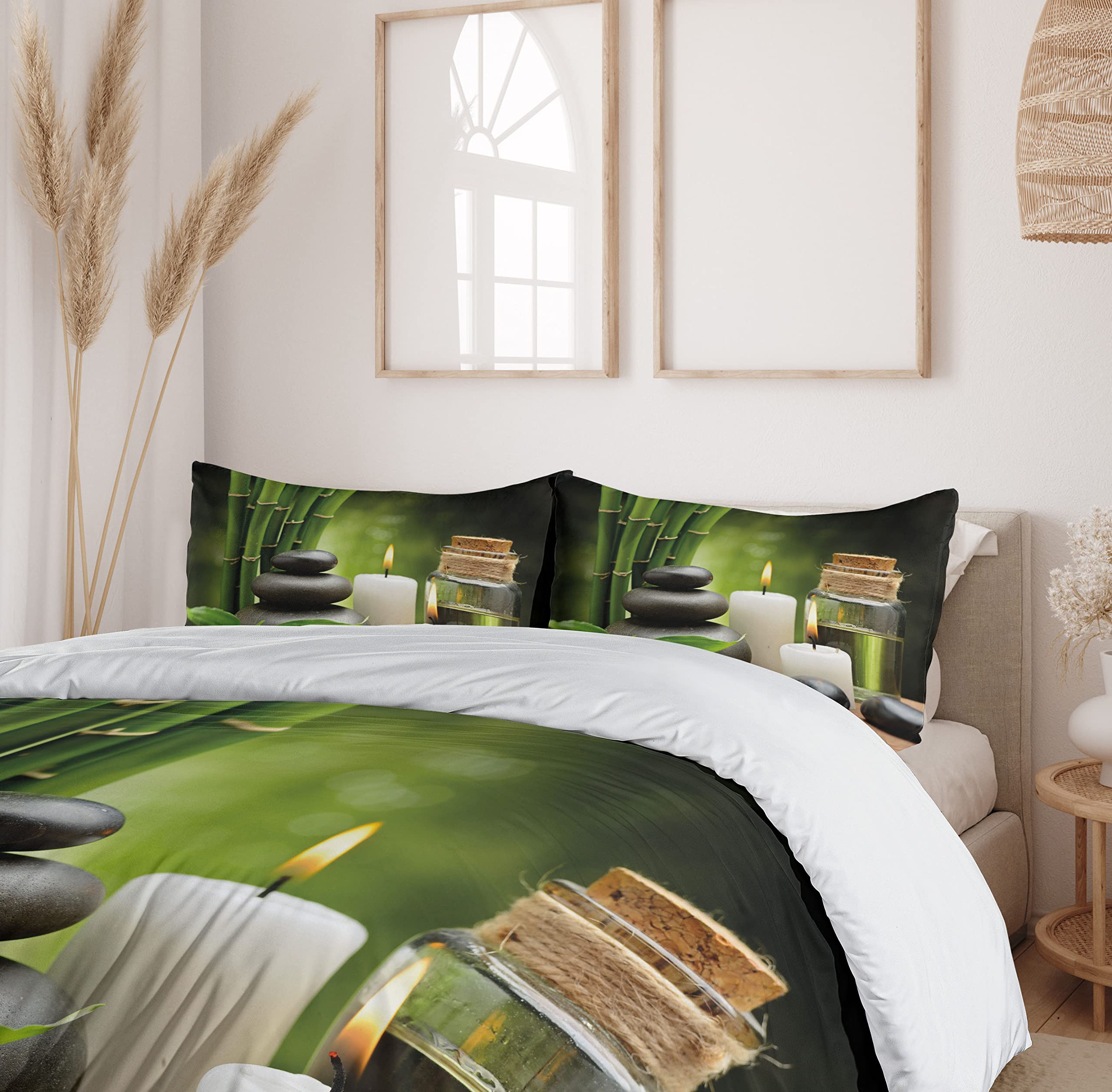 Ambesonne Spa Themed Duvet Cover Set - Exotic Rocks, Candles & Tropical Trees Print on Blurry Background, 3-Piece Bedding Set with 2 Pillow Shams, California King Size, White Black Green | Perfect for Relaxing Bedroom Decor, Spa Retreats & Tropical Vacation Vibes