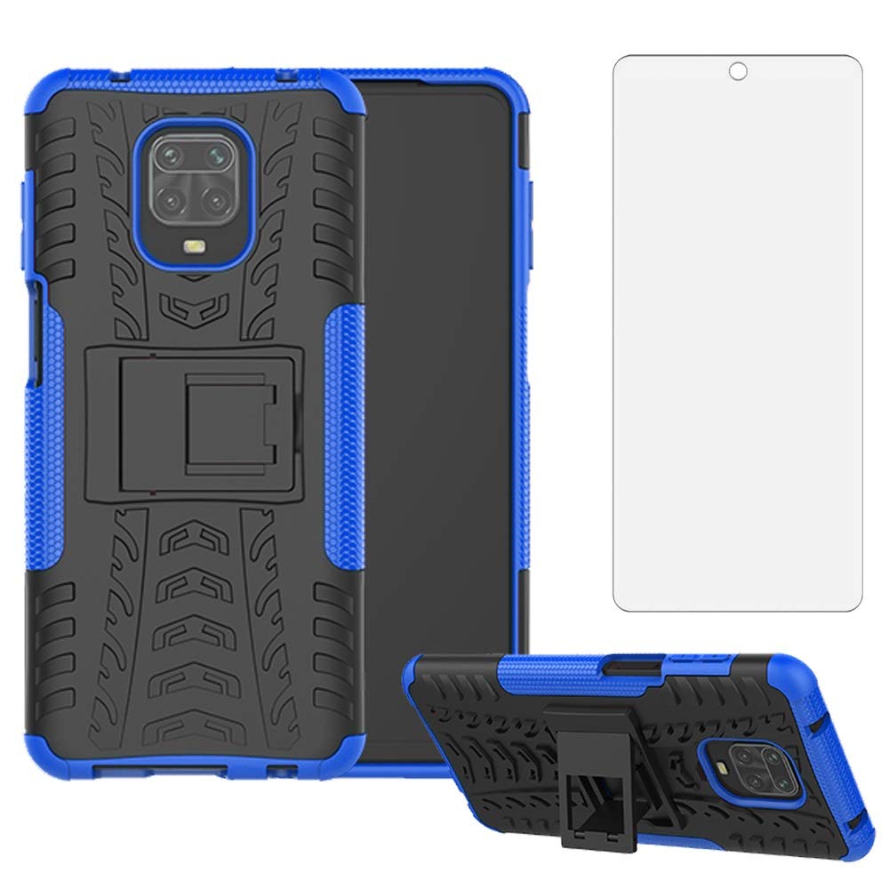 Premium Shockproof Phone Case for Xiaomi Redmi Note 9 Pro/9S/9 Pro Max/Poco M2 Pro with Tempered Glass Screen Protector - Slim Protective Cover with Raised Bezels & Anti-Slip Grip - Perfect for Work, Travel and Outdoor Activities (Black/Blue)