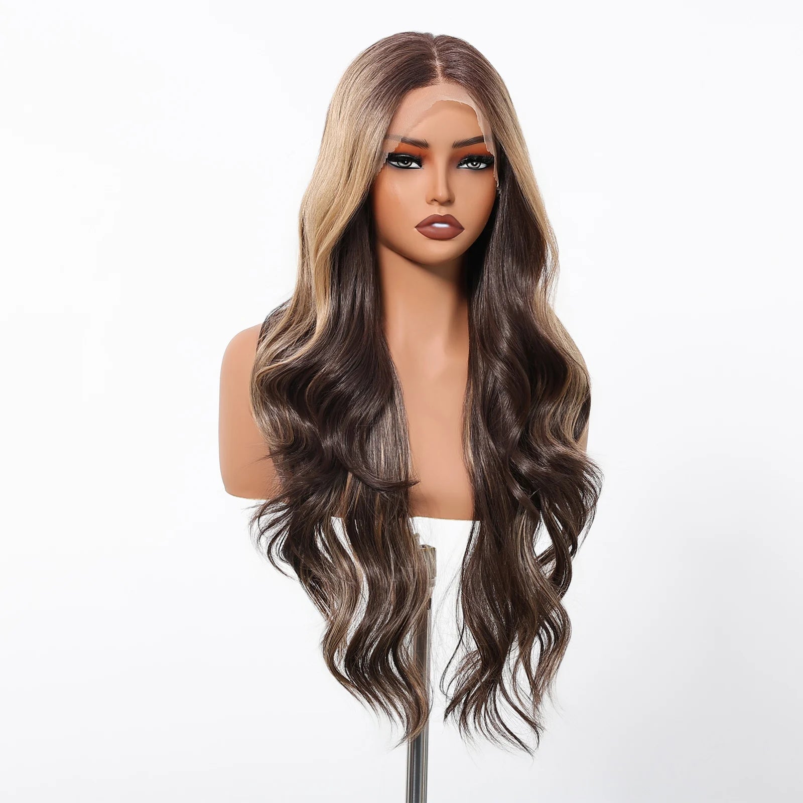 Long Brown Blonde Highlight Synthetic Hair Wig for Women - Natural Looking Straight Shoulder Length Cosplay Costume Party Daily Wear