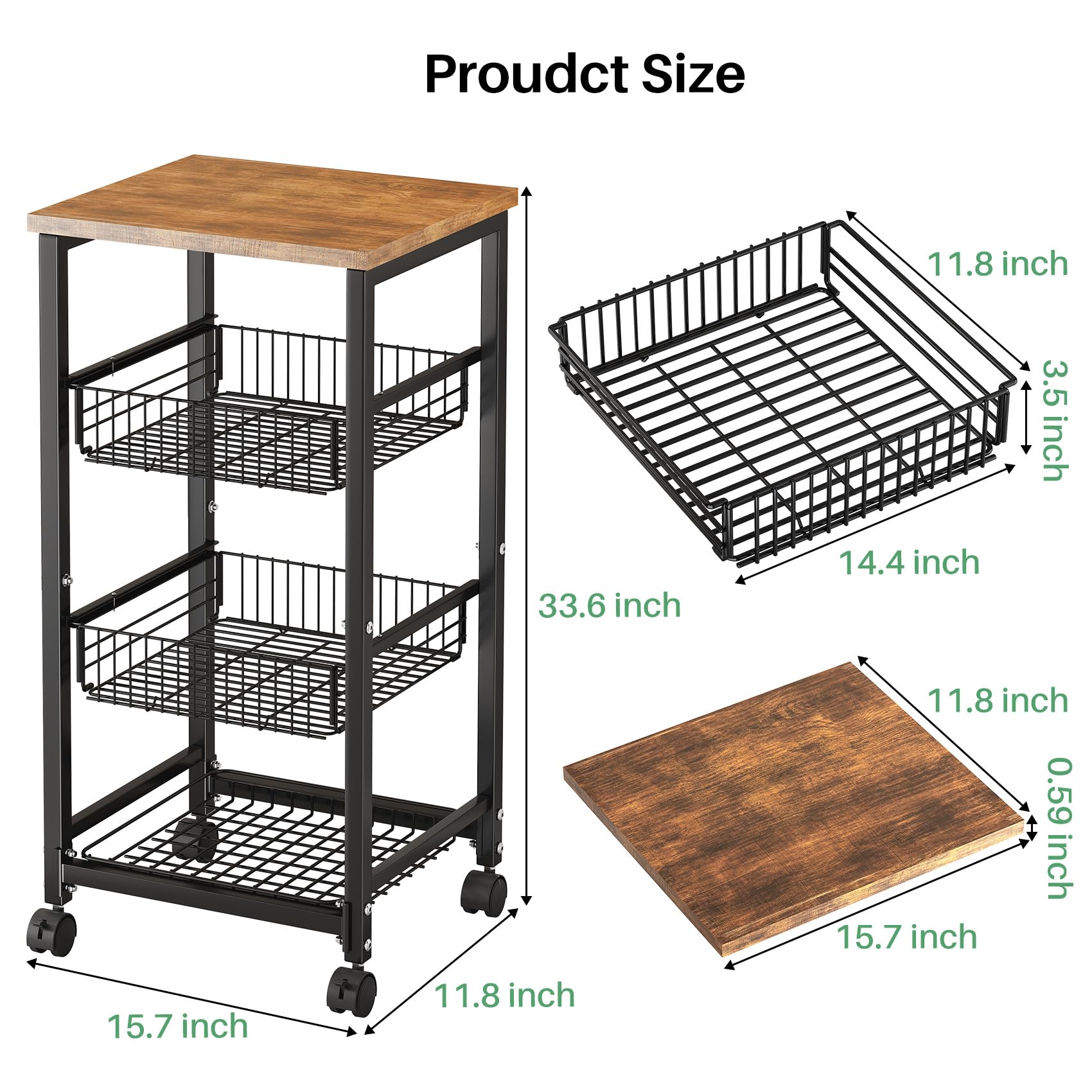 SNTD Pull Out Metal Wire Basket with Wood Top - Kitchen Pantry Organizer for Fruits, Vegetables, Onions, Potatoes & Snacks | Space Saving Storage Solution for Countertop, Cabinet or Pantry