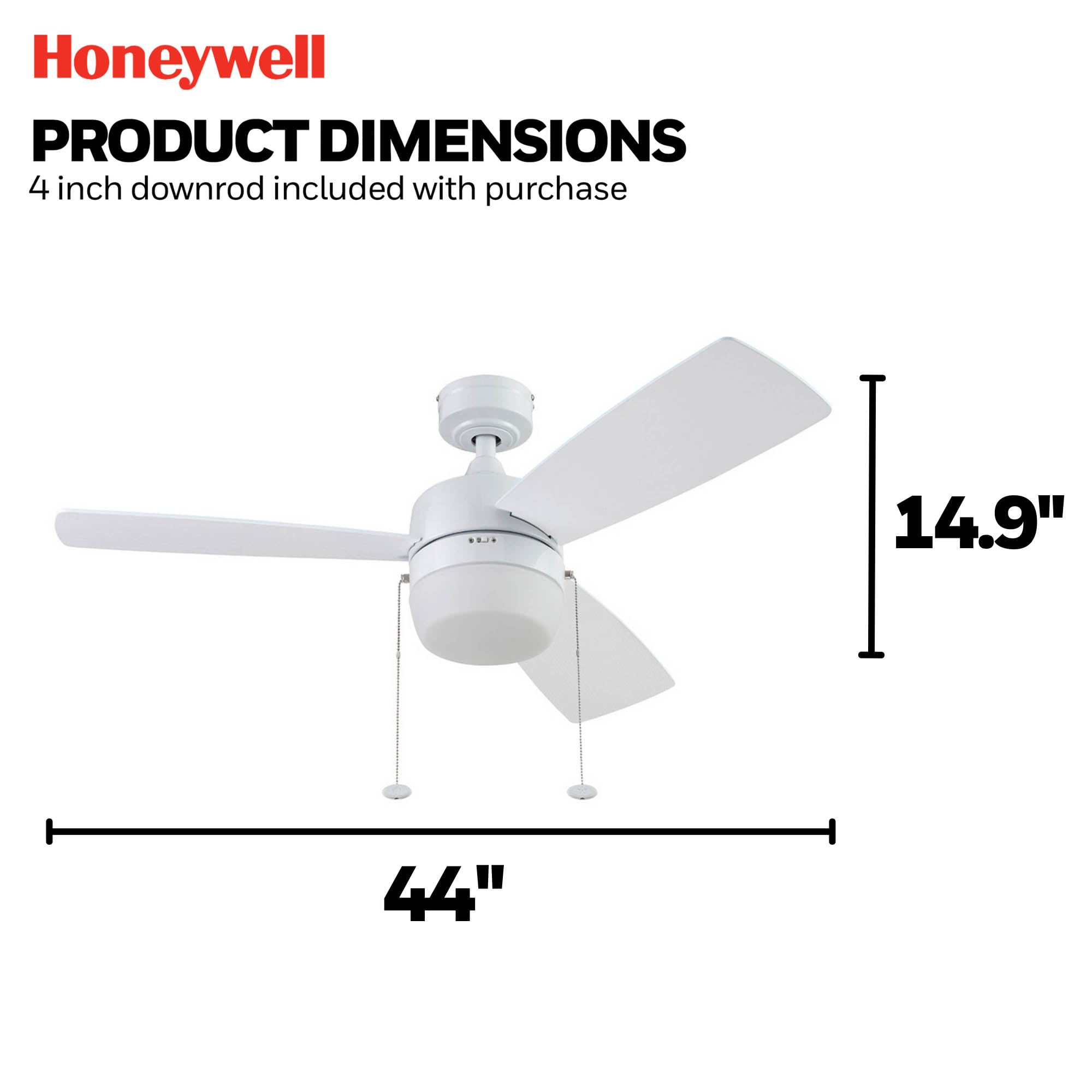 Honeywell Barcadero 44 Inch Modern Ceiling Fan with LED Light - 3 Blades, White Maple & White Finish Options - Bright White (51475-01) - Perfect for Living Room, Bedroom, and Indoor Spaces