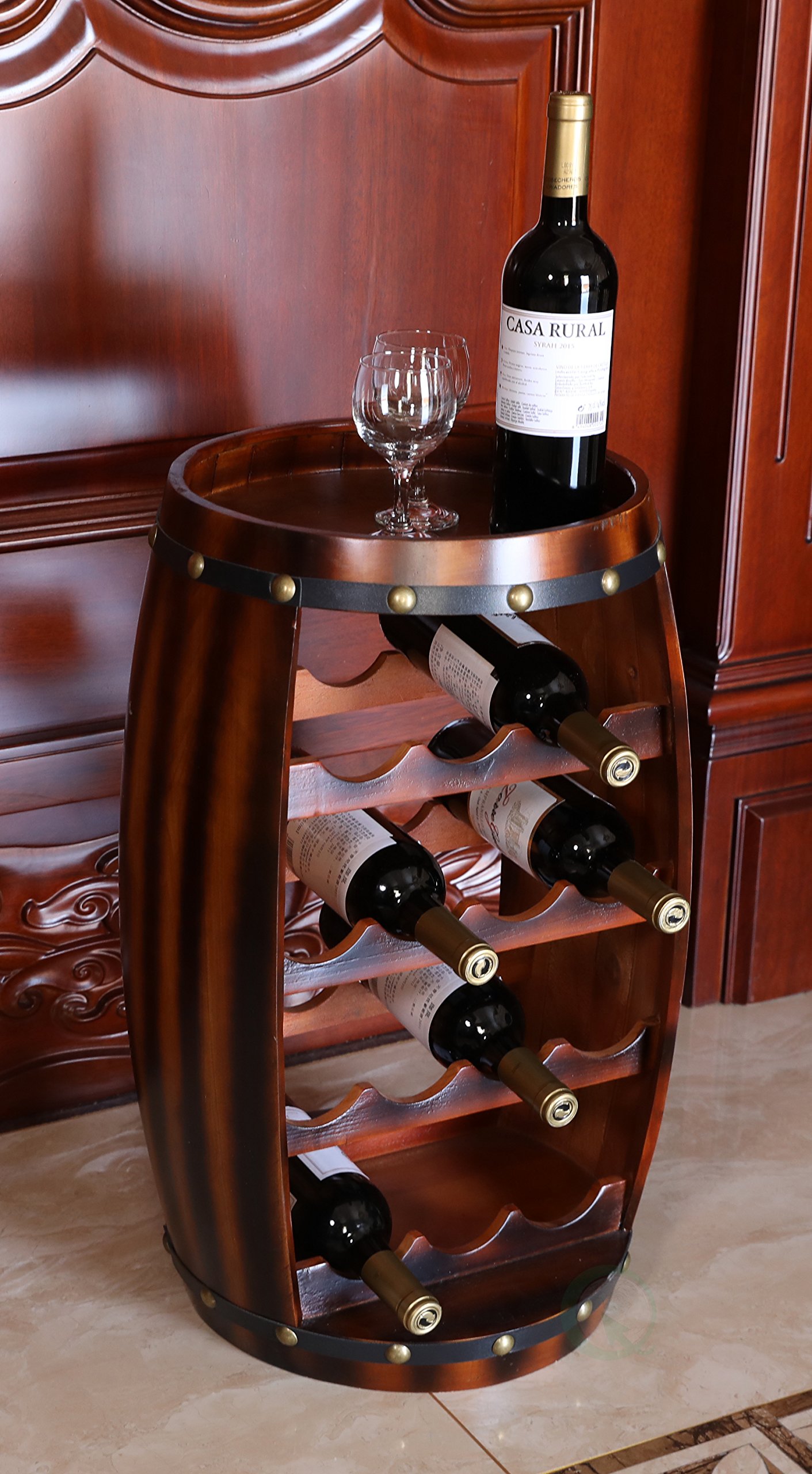 Wooden Barrel-Shaped 14 Bottle Wine Rack - Rustic Home Bar Decor for Kitchen, Dining Room & Cellar Storage