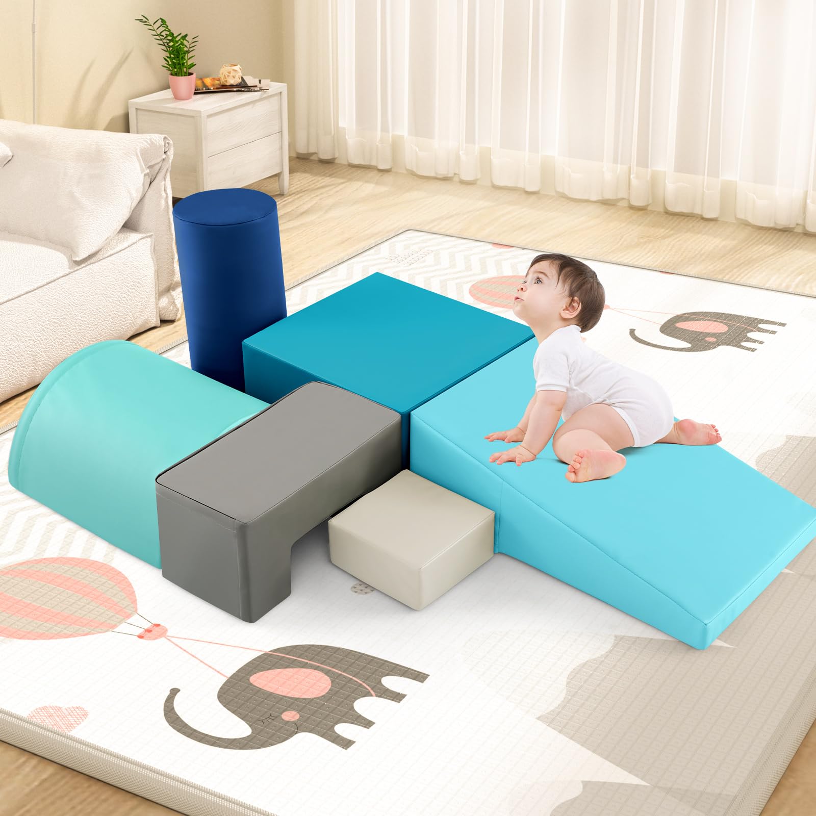 KOTEK 6-Piece Soft Foam Play Set for Toddlers - Climbing Blocks, Crawling Tunnels & Slide - Safe Indoor Playground Equipment for Babies & Kids (Blue & Grey) - Perfect for Playrooms, Daycares & Home Fun