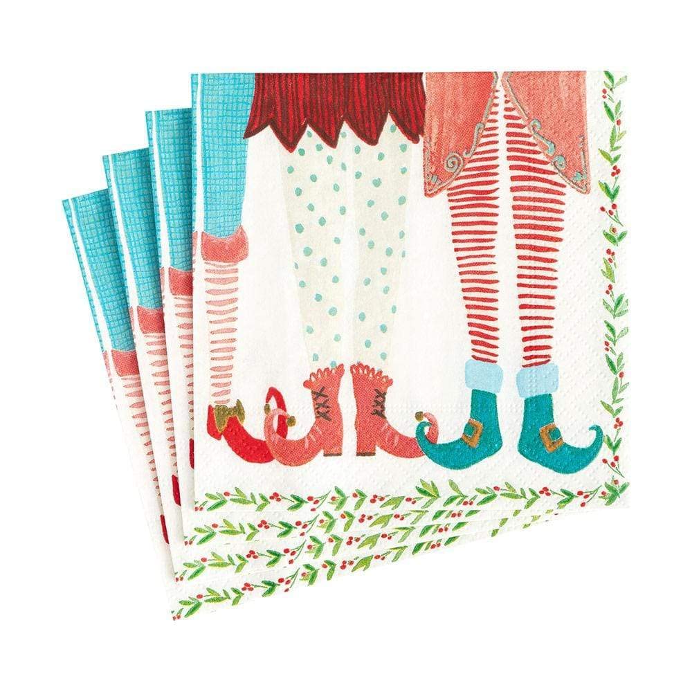 Premium Caspari Elf Stockings Christmas Cocktail Napkins - Set of 20 Holiday Party Paper Napkins for Xmas Decorations, Dinner Parties & Festive Gatherings
