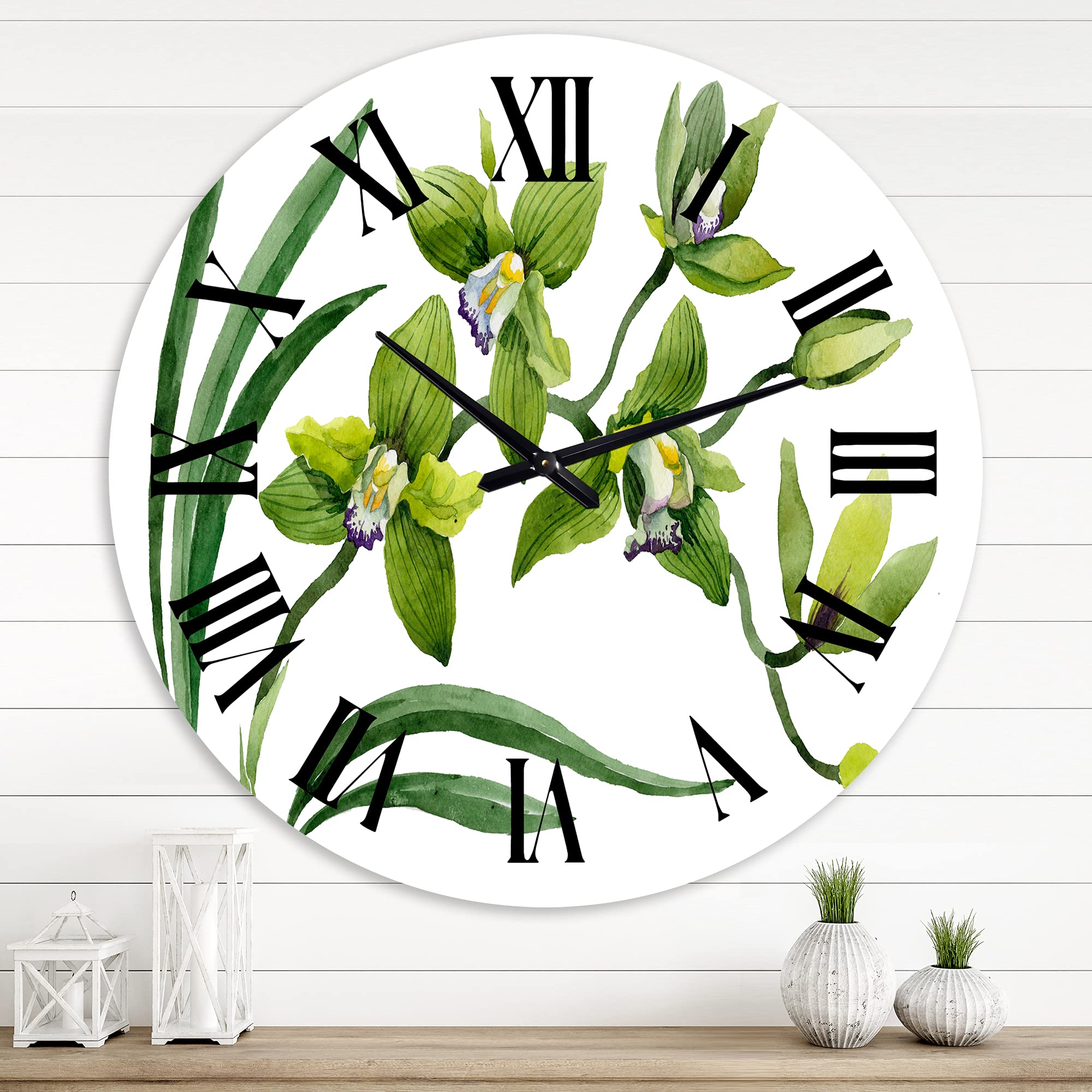 Large Green Orchid Floral Wall Clock - Traditional Botanical Decor for Kitchen, Living Room & Bedroom | Perfect Home & Office Decoration