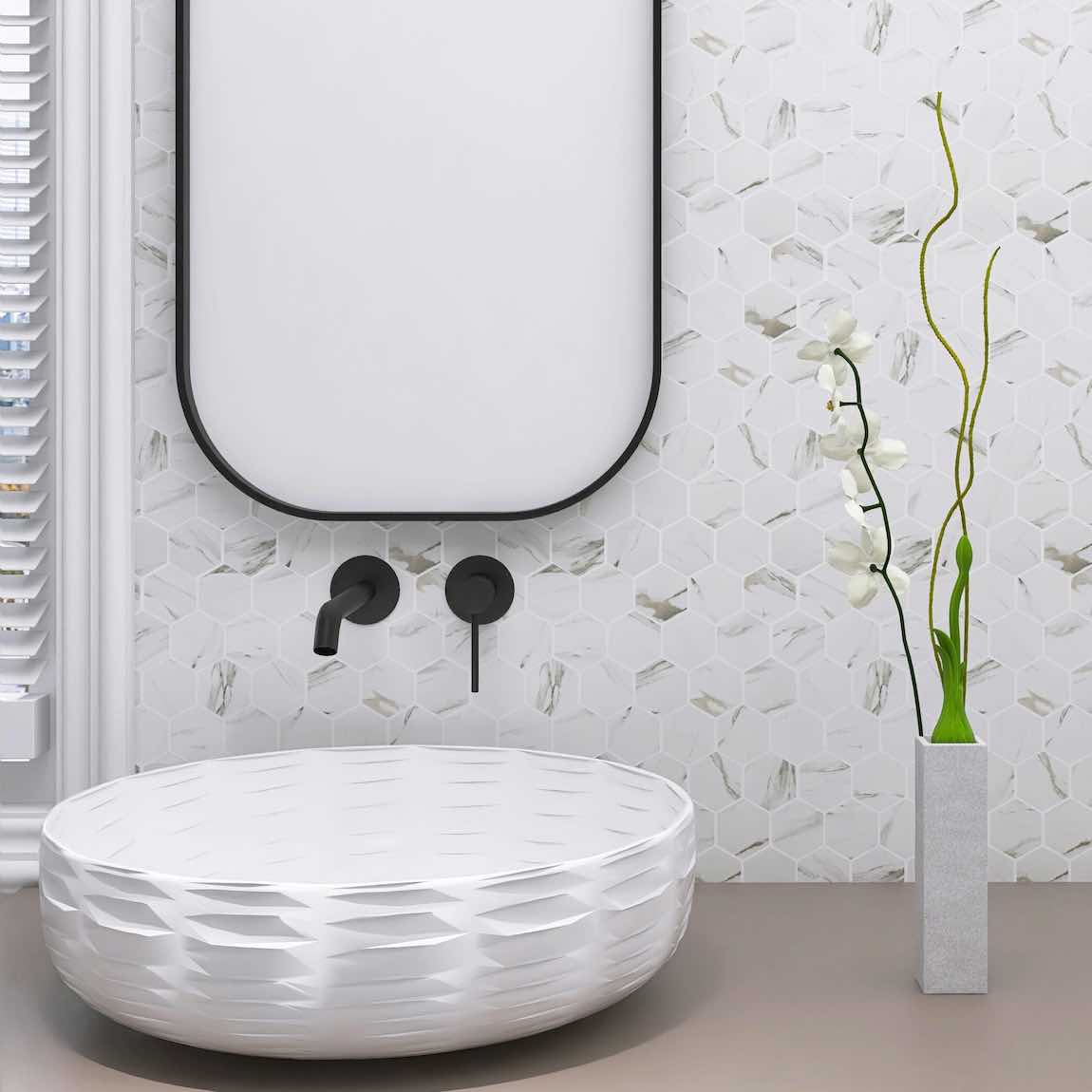 Recycled Glass Tile Calacatta Hexagon Mosaic - Eco-Friendly Backsplash for Kitchen & Bathroom - Perfect for DIY Home Renovation & Interior Design