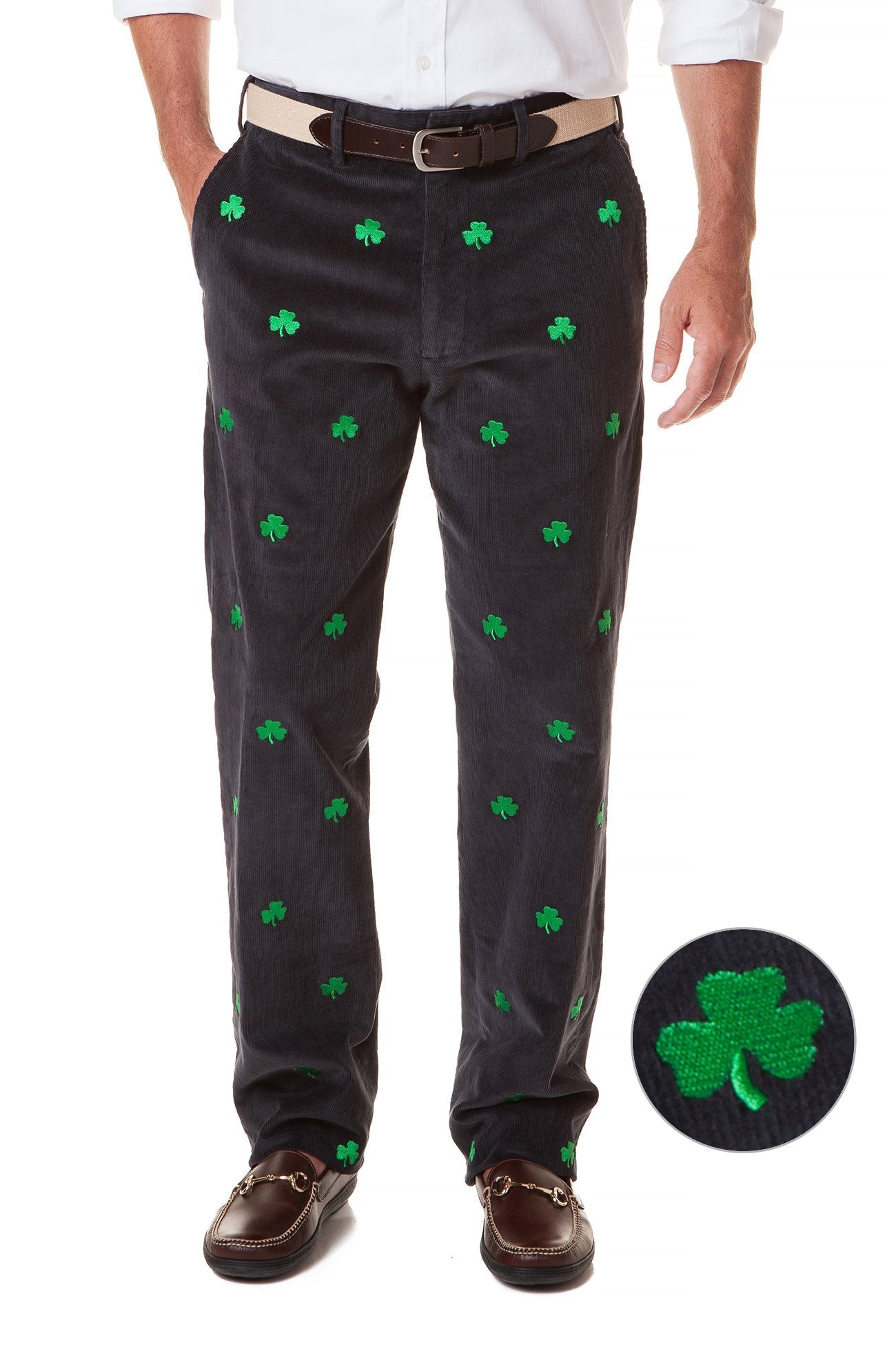Beachcomber Corduroy Pants for Men - Nantucket Navy with Shamrock Design - Comfortable Casual Trousers for Beach, Travel & Everyday Wear