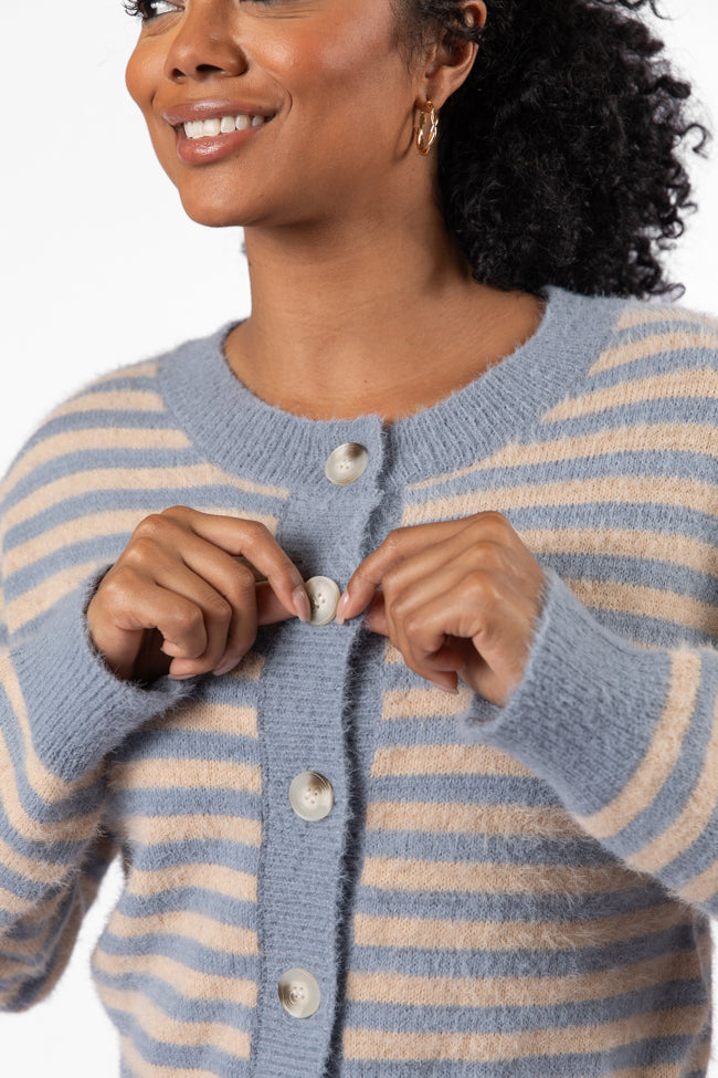 Stylish Slate Grey Striped Button Front Cardigan for Women - Cozy Knit Sweater Perfect for Fall & Winter Layering - Office, Casual & Date Night Outfits