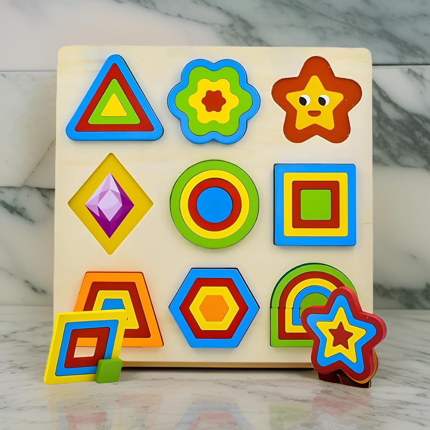 Montessori Wooden Puzzle Board for Kids - 9 Geometric Shapes Learning Toy, Brain Teaser Game for Toddlers 3+ Years | Educational STEM Toy for Preschool & Homeschool | Multicolor CHANNAPATNA TOYS (Pack of 1)
