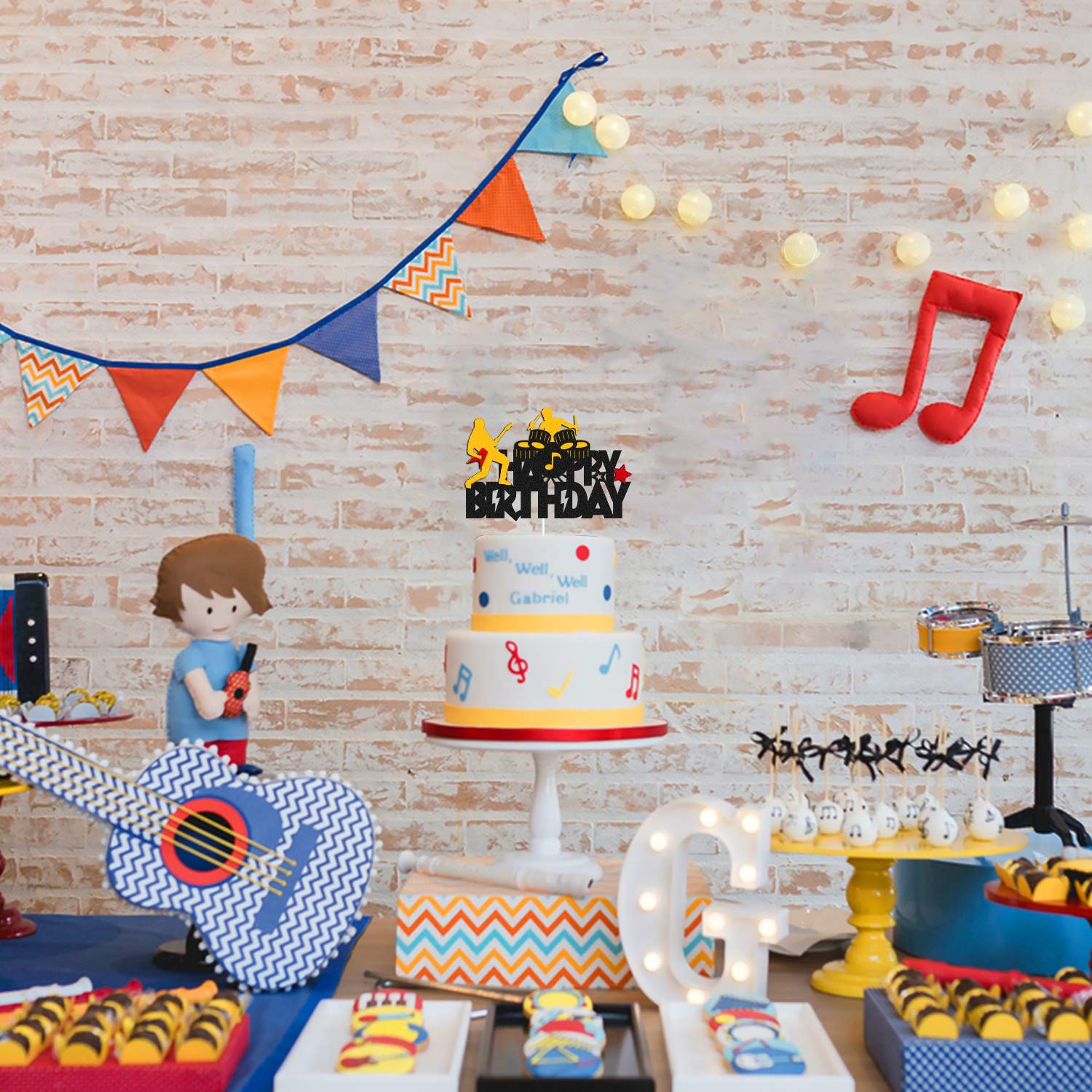 Rock and Roll Music Cake Topper - Happy Birthday Sign with Drums, Guitar & Musical Notes - Glitter Black Cake Decorations for Rock Themed Parties | Perfect for Musician Birthday Cakes & Rock n' Roll Celebrations