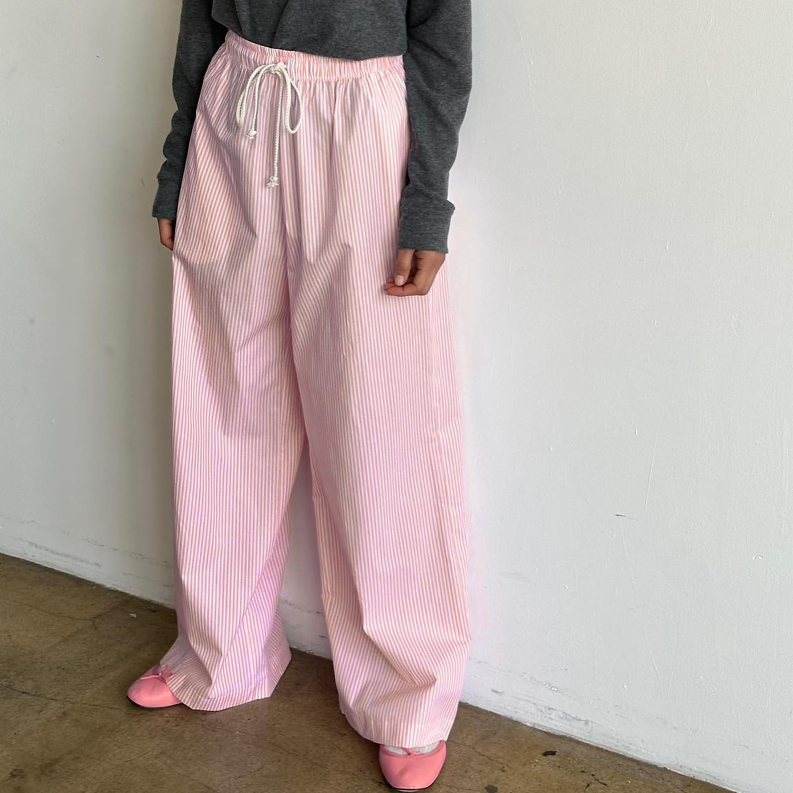 Miqil Women's Y2K Striped Wide Leg Pants - High Waist Loose Lounge Pants with Drawstring | Casual Streetwear Pinstripe Print Trousers for Everyday Wear, Work & Outfits
