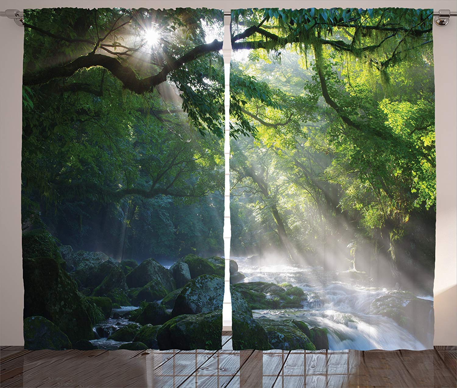 Rainforest Themed Blackout Curtains - Jungle Stream & Sunlit Stones Under Tree Shadows - Earth Tone Window Drapes for Bedroom & Kitchen Decor - 80