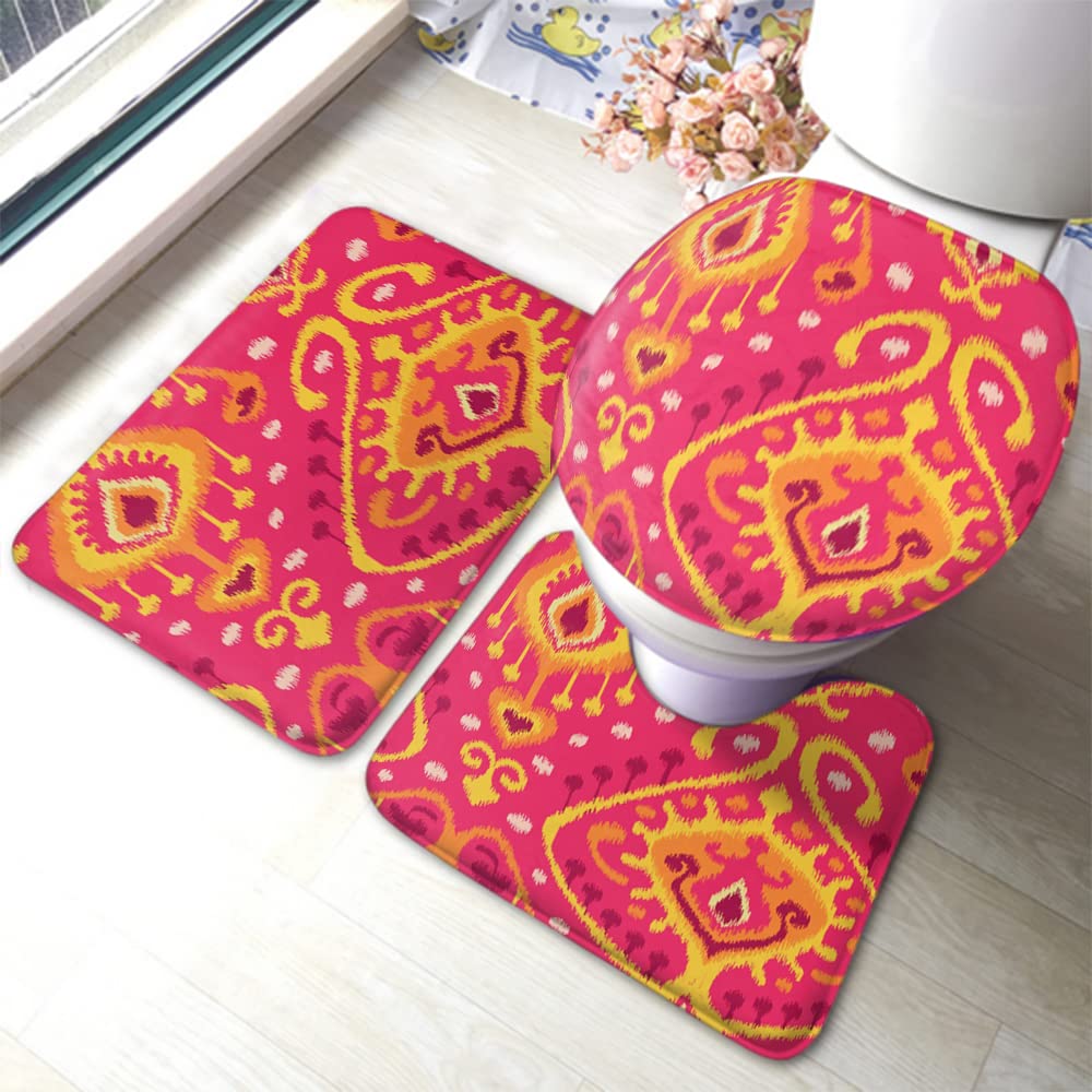 Zaueky Ethnic Wolf 3-Piece Bathroom Rug Set - Orange Symmetric Ink Wash Totem Design, Non-Slip Rubber Backing Bath Mat, U-Shaped Contour Rug & Toilet Lid Cover - Perfect for Bohemian & Tribal Style Bathroom Decor