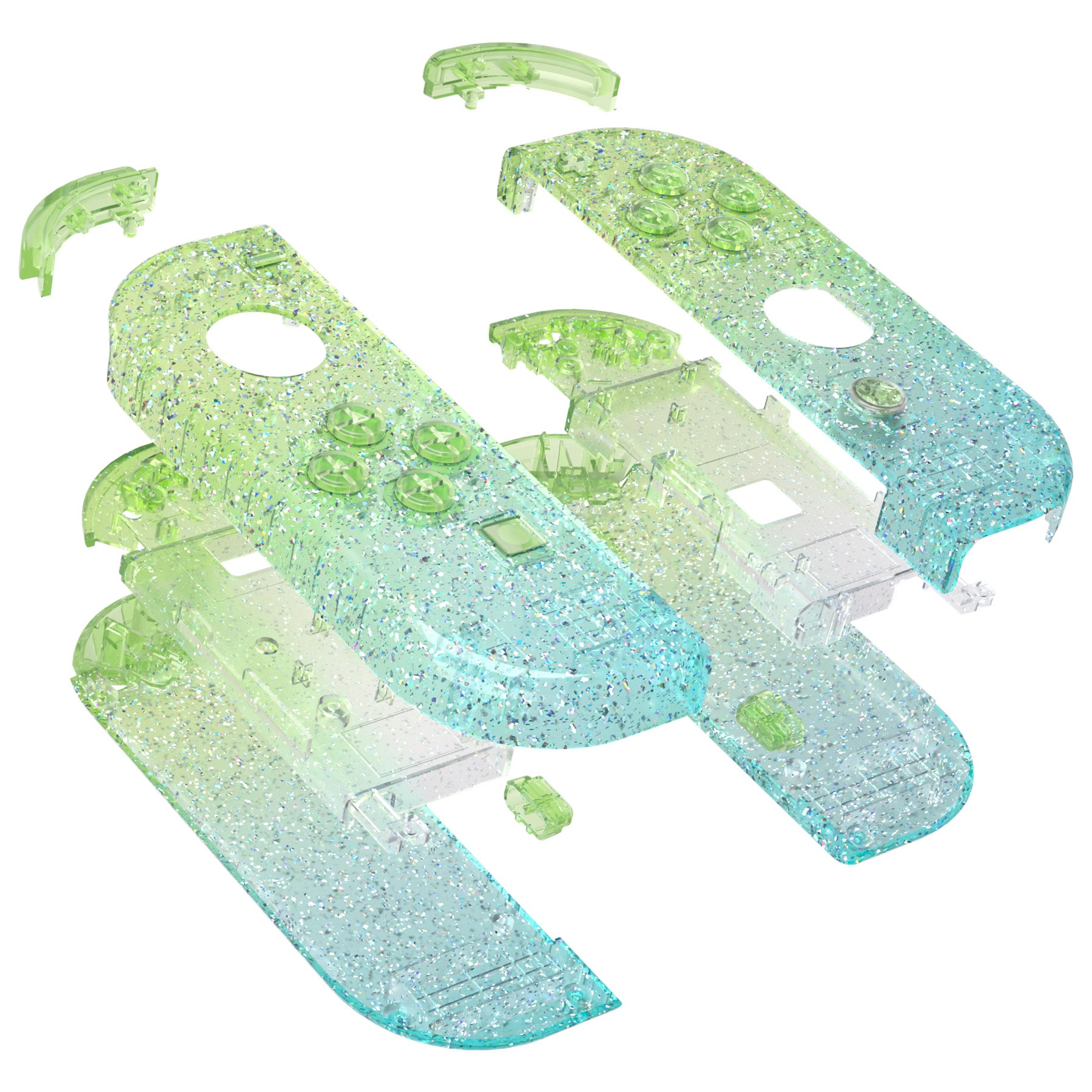 eXtremeRate Glitter Gradient Translucent Green Blue Joycon Controller Shell with Full Button Set - DIY Replacement Housing for Nintendo Switch JoyCon & OLED JoyCon (Console Not Included) - Perfect for Custom Gaming Setup and Controller Repair