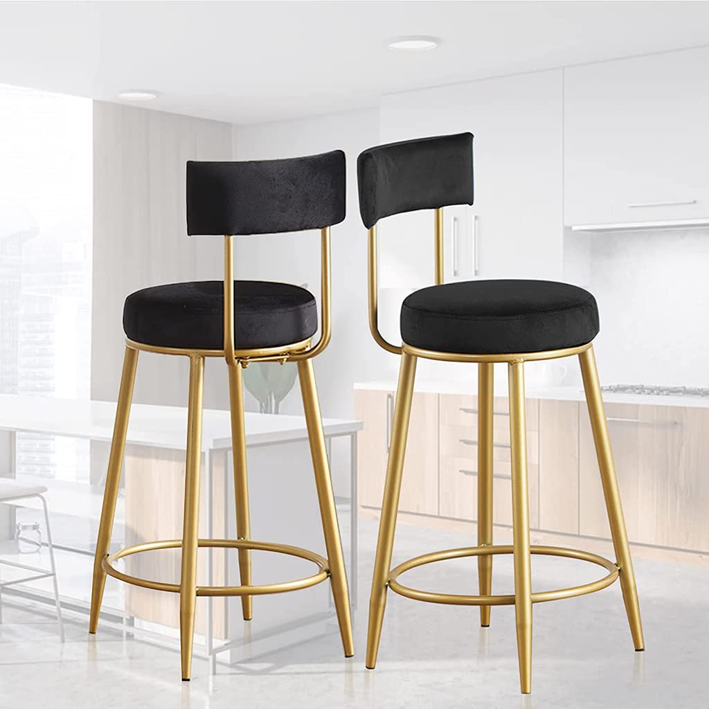 Velvet Upholstered Modern Bar Stools with Golden Metal Legs & Footrest - Counter Height Kitchen Island Stools for Breakfast Nook, Home Bar, Pub & Restaurant Dining