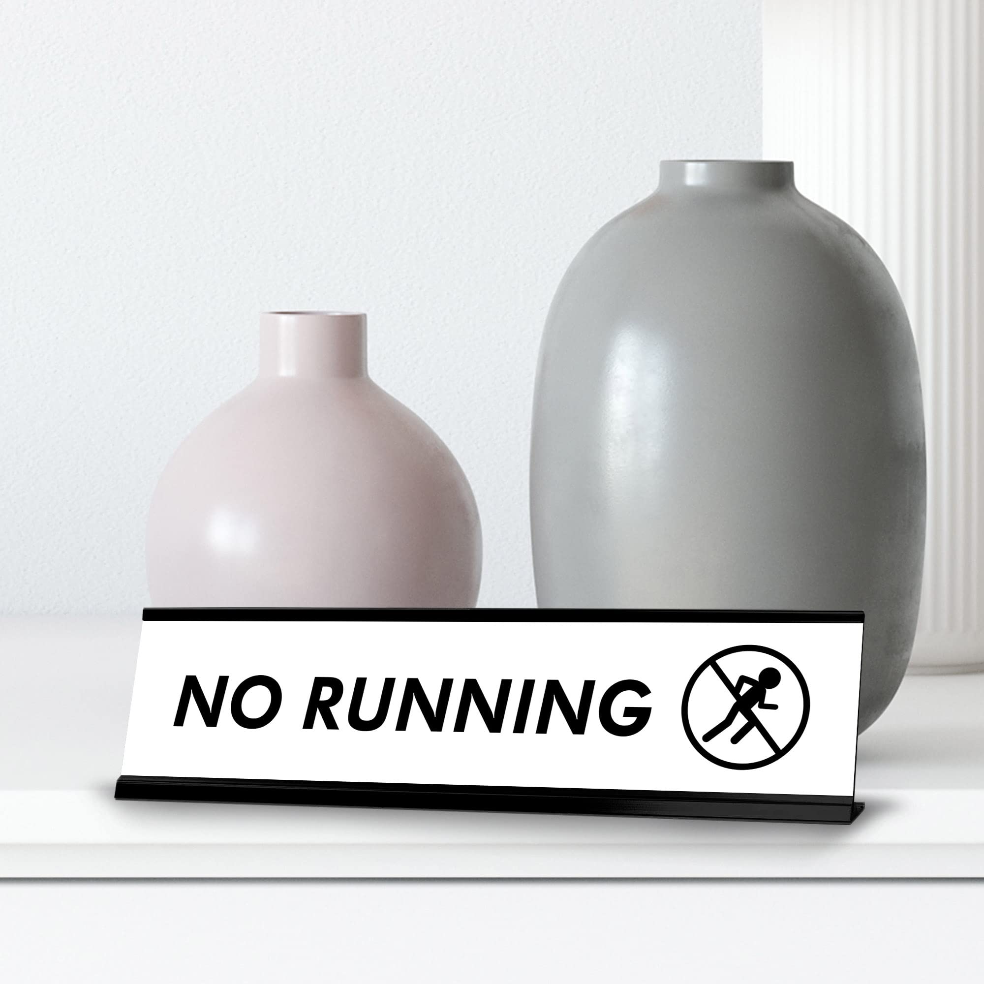 No Running Sign - Black Frame Office Desk Sign (2x8 Inches) - Perfect for Schools, Offices, and Public Spaces