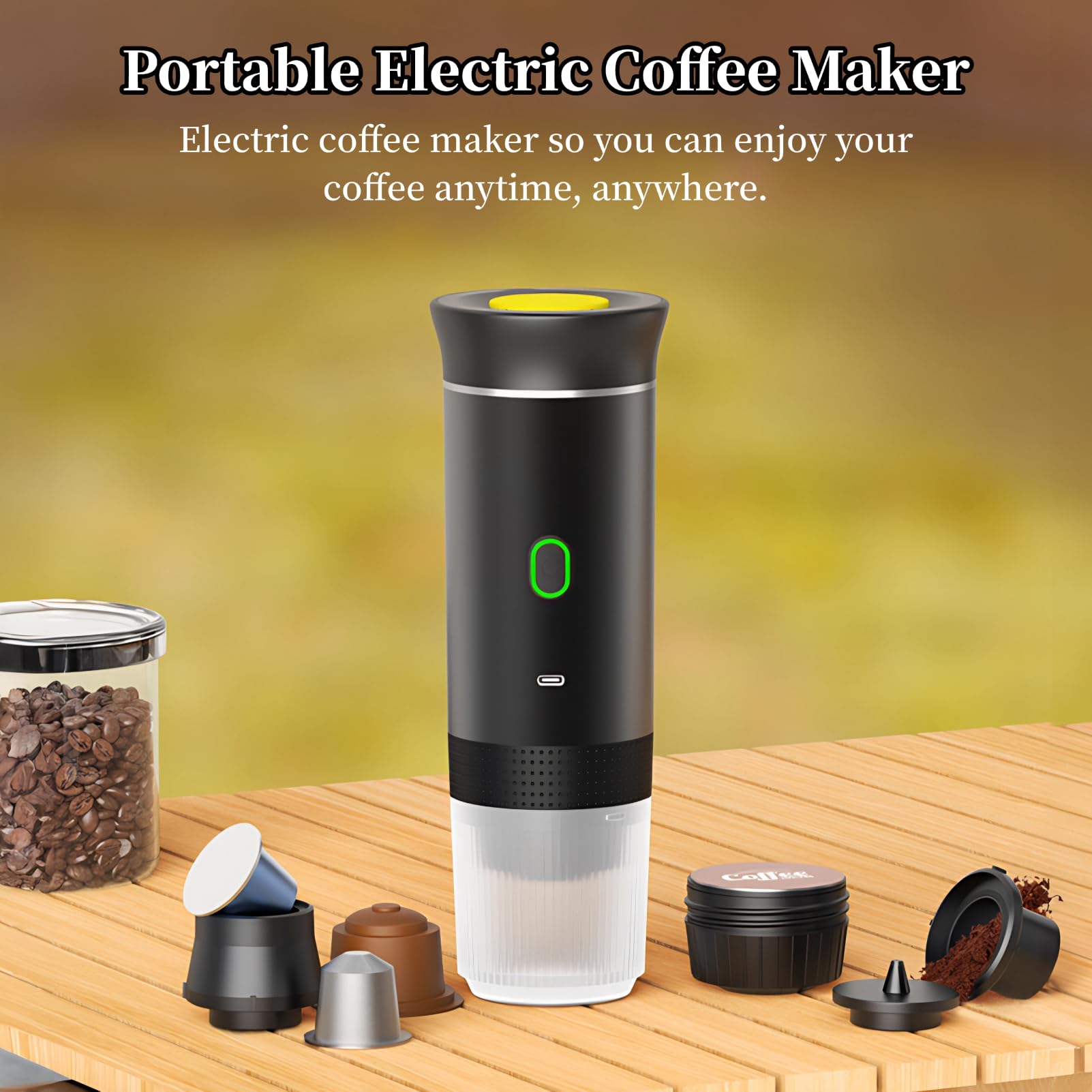 Portable Electric Espresso Maker - 15 Bar Pressure Travel Coffee Machine with Self-Heating for Car, Camping & Office | Compatible with Coffee Pods & Capsules | Perfect for Road Trips, Outdoor Adventures & Workspaces
