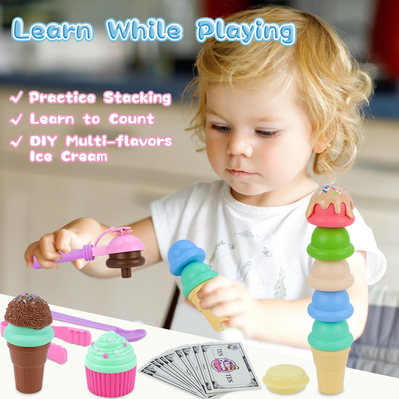 45 Pcs Ice Cream Cart Play Set for Kids - Pretend Play Store with Storage Trolley, Food Toys & Ice Cream Shop Toy - Perfect Gift for Boys & Girls Ages 3-6 - Fun Birthday Party, Daycare & Indoor Play Activity