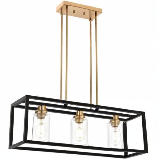 Modern Black Rectangle 3-Light Linear Pendant Chandelier - Kitchen Island Lighting with Clear Glass Shade & Brass Socket, E26 Base - Perfect for Dining Room, Kitchen Counter, and Breakfast Nook Lighting