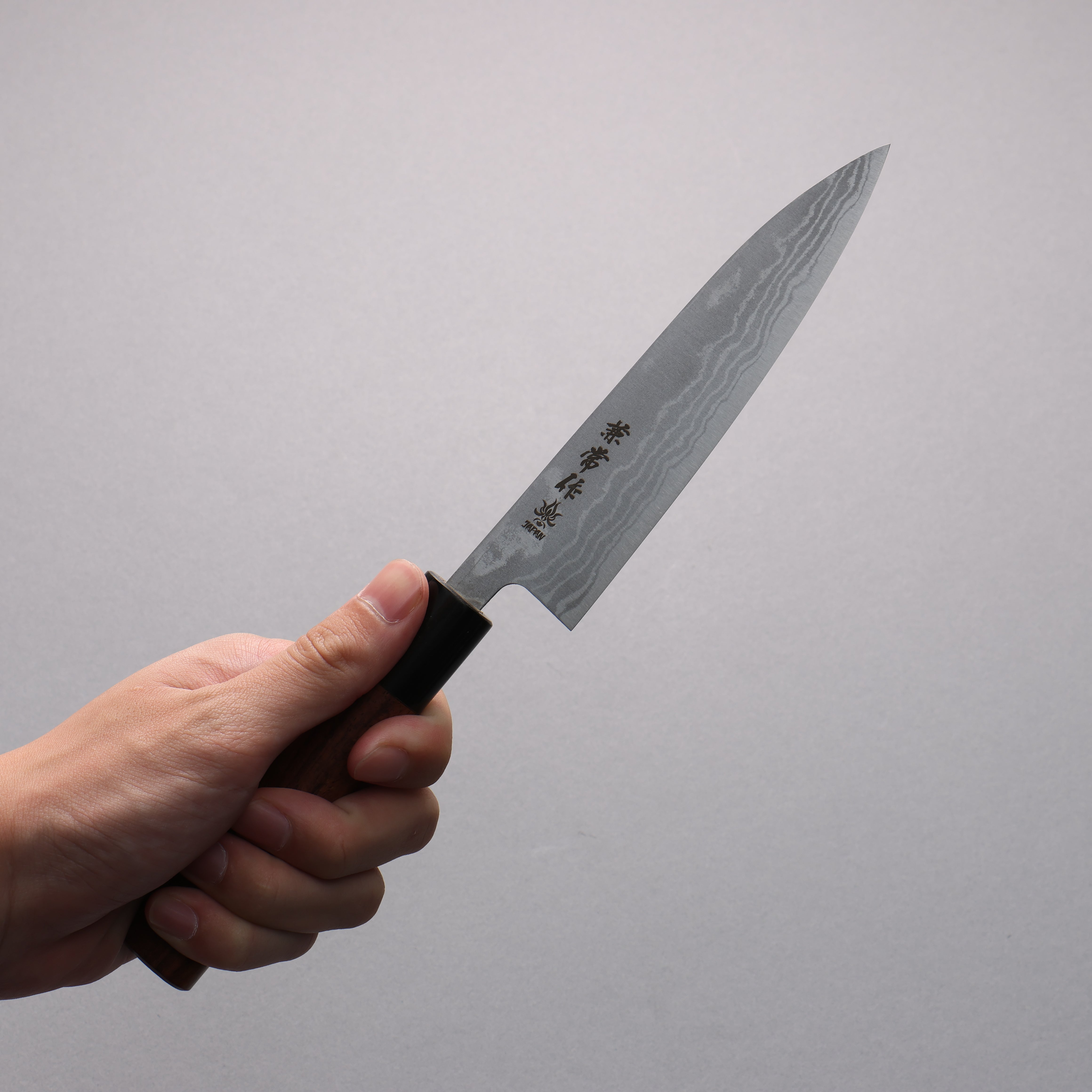 Kanetsune Blue Steel No.2 Damascus Petty Utility Knife 135mm with Shitan Handle - Perfect for Kitchen, Camping & Outdoor Cooking