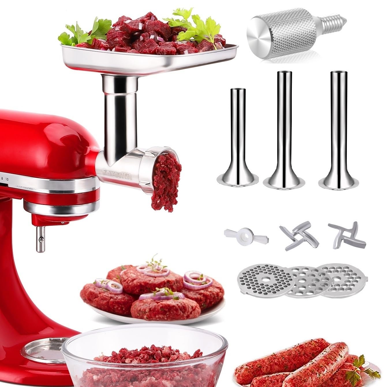 Premium Stainless Steel Food Grinder Attachment for KitchenAid Stand Mixers - Dishwasher Safe Meat Grinder with 3 Sausage Stuffer Tubes & Metal Knob - Perfect for Homemade Burgers, Sausages, and Pet Food Making