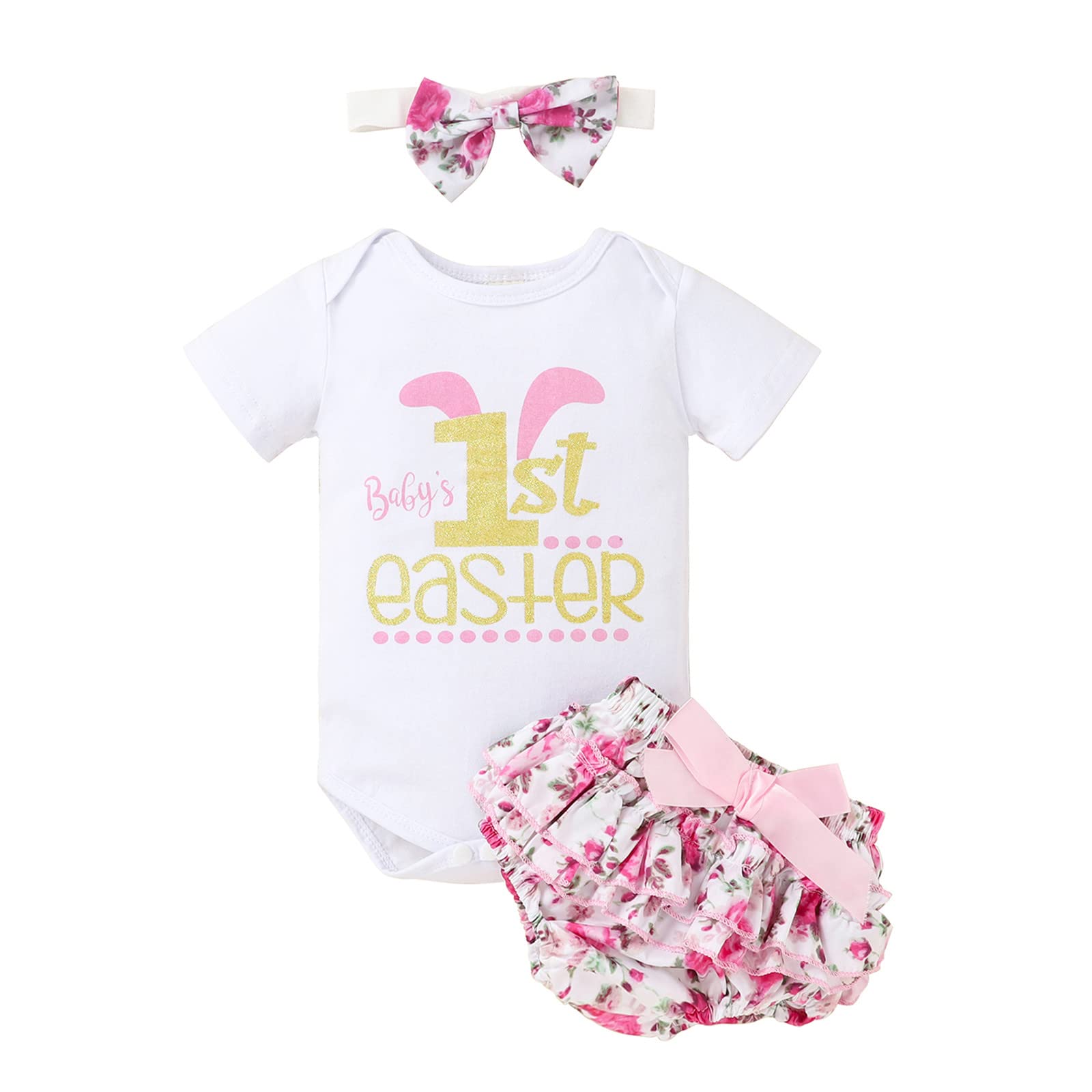 Baby Girls' Floral Bunny Romper Outfit Set with Bow - 0-18 Months | Easter & First Birthday Outfits | Perfect for Spring Photos, Parties & Special Occasions