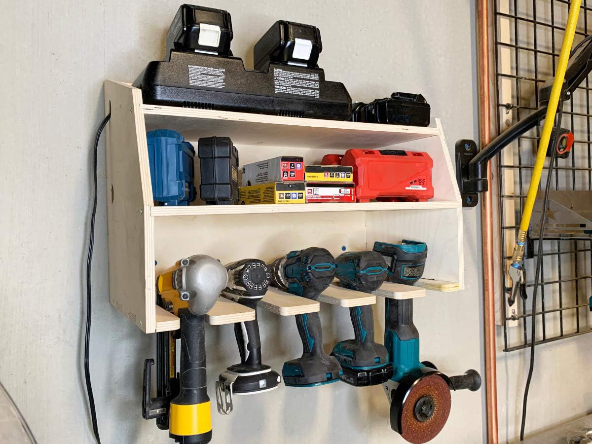 5-Slot Wooden Drill Charging Station & Wall Mounted Tool Organizer - Cordless Power Drill, Screwdriver Storage for Garage, Workshop & DIY Projects