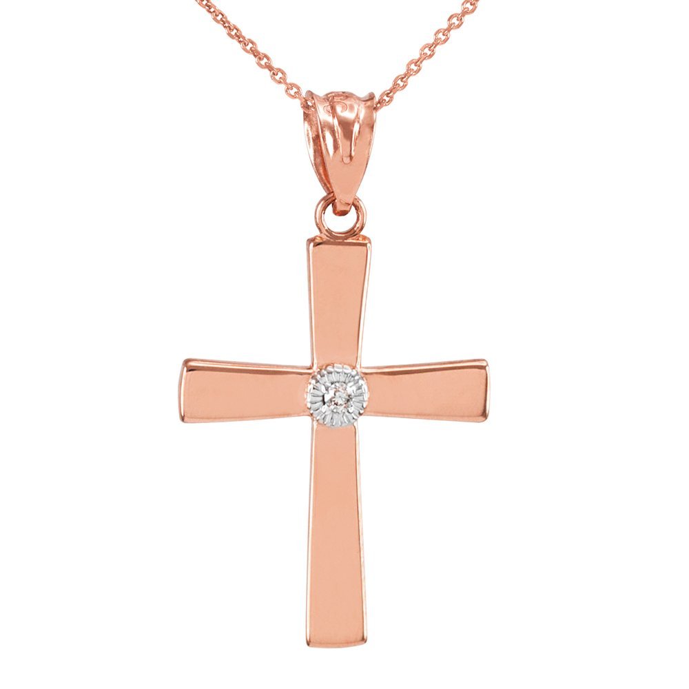 14K Rose Gold Solitaire Diamond Cross Pendant Necklace for Women - Elegant Religious Jewelry Gift for Baptism, Confirmation & Everyday Wear