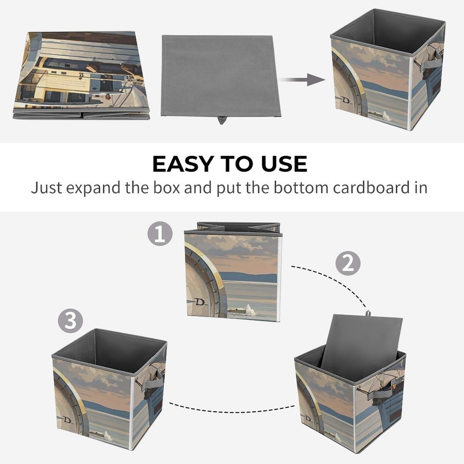 Collapsible Storage Bins with Handles - Ship & Compass Printed Organizing Baskets for Home, Office, Closet, and Pantry Organization - Space Saving Storage Containers for Toys, Clothes, and Household Items