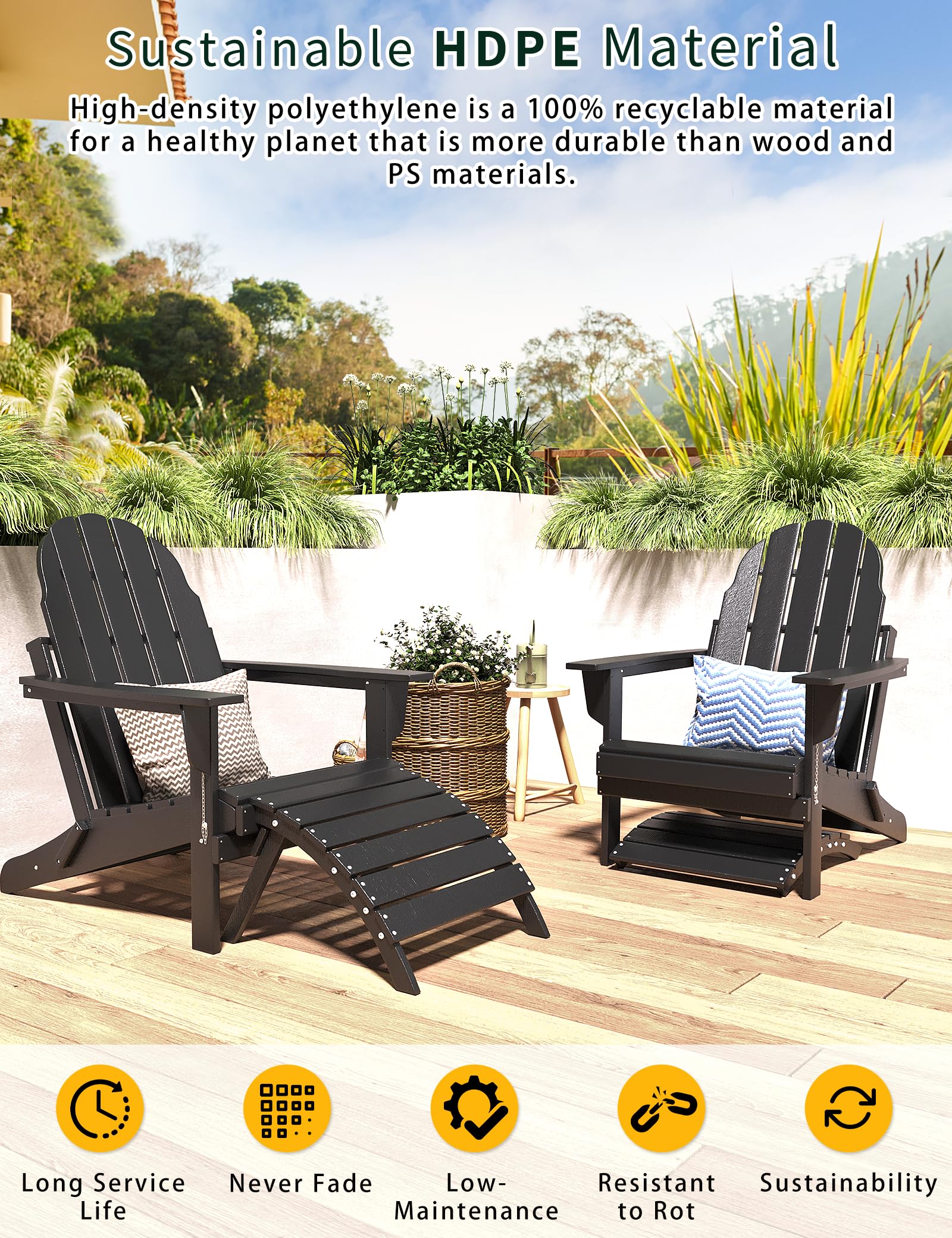 Premium Folding Adirondack Ottoman - All-Weather HDPE Outdoor Footrest for Adirondack Chairs | Patio, Backyard & Garden Decor | Space-Saving Storage Solution (Black) | Perfect for Relaxing by the Pool or Fire Pit