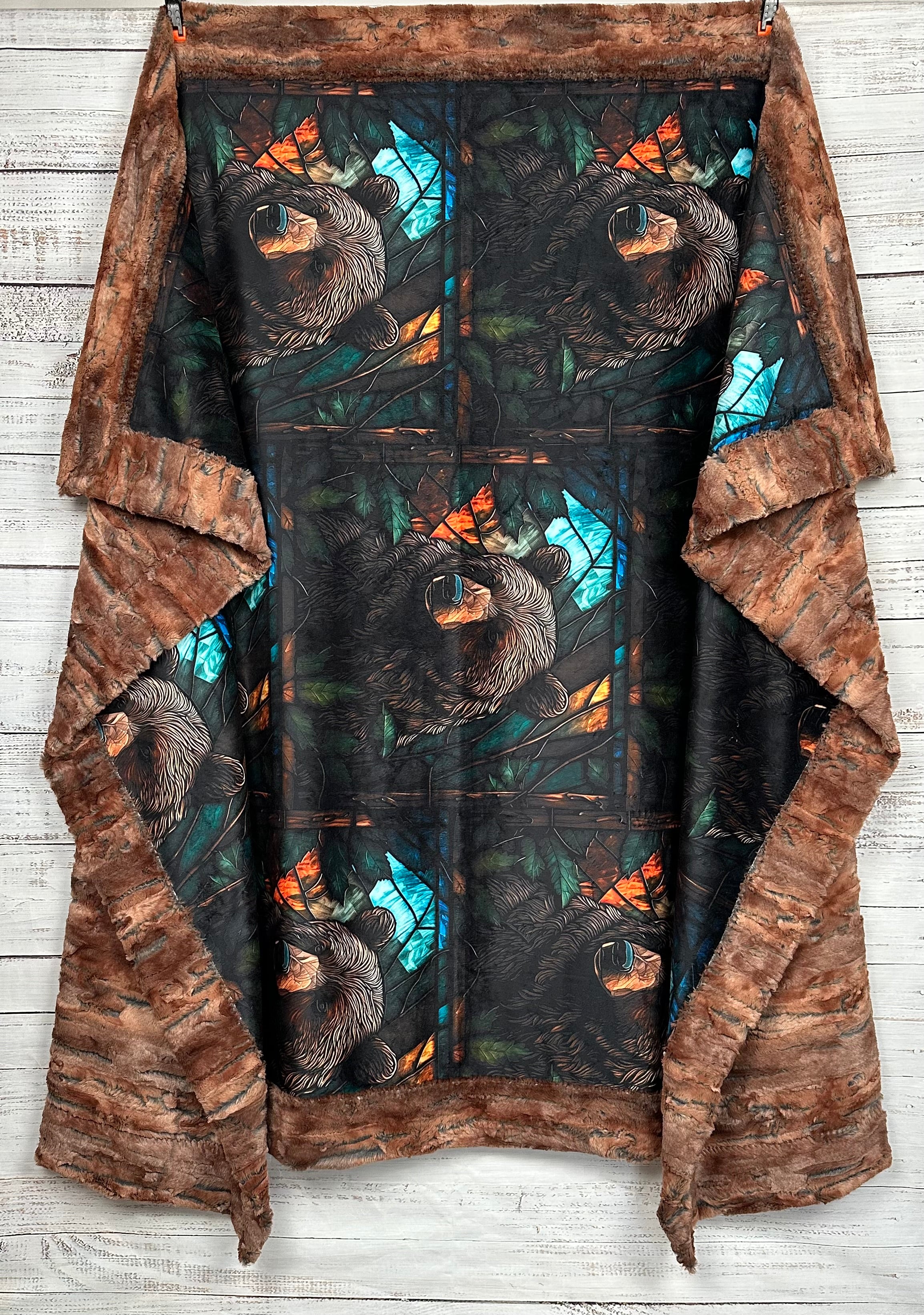 Stained Glass Bear Rustic Copper Luxury Large 57x79 Minky Blanket - Soft Plush Throw for Bedroom Decor, Cozy Gift for Home & Nursery