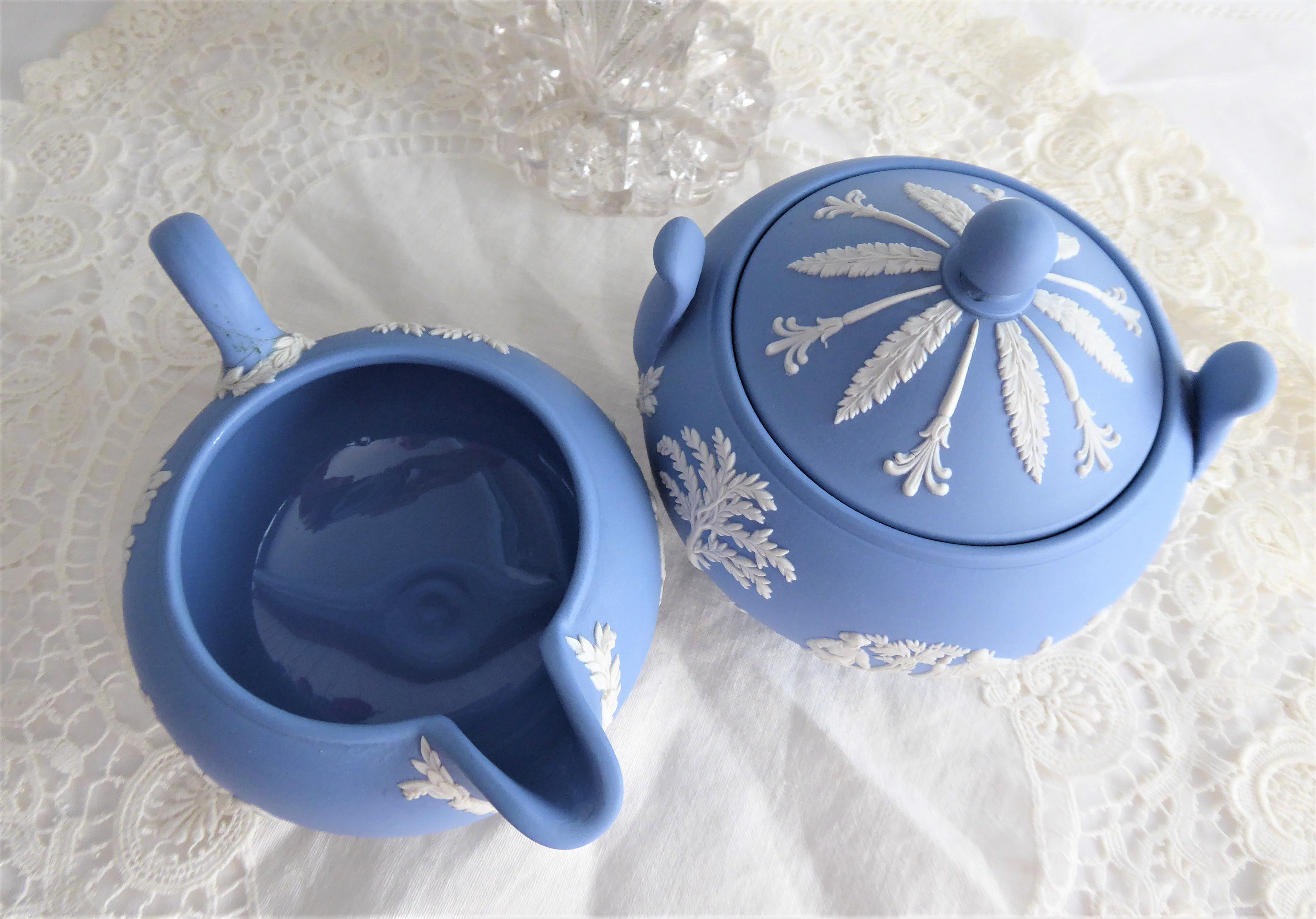 Wedgwood Blue Jasper Large Icarus Sacrifice To Ceres Sugar Bowl and Creamer Set - Vintage 1957-1961 Blue and White Ceramic Tea Accessories - Perfect for Afternoon Tea and Collectible Display
