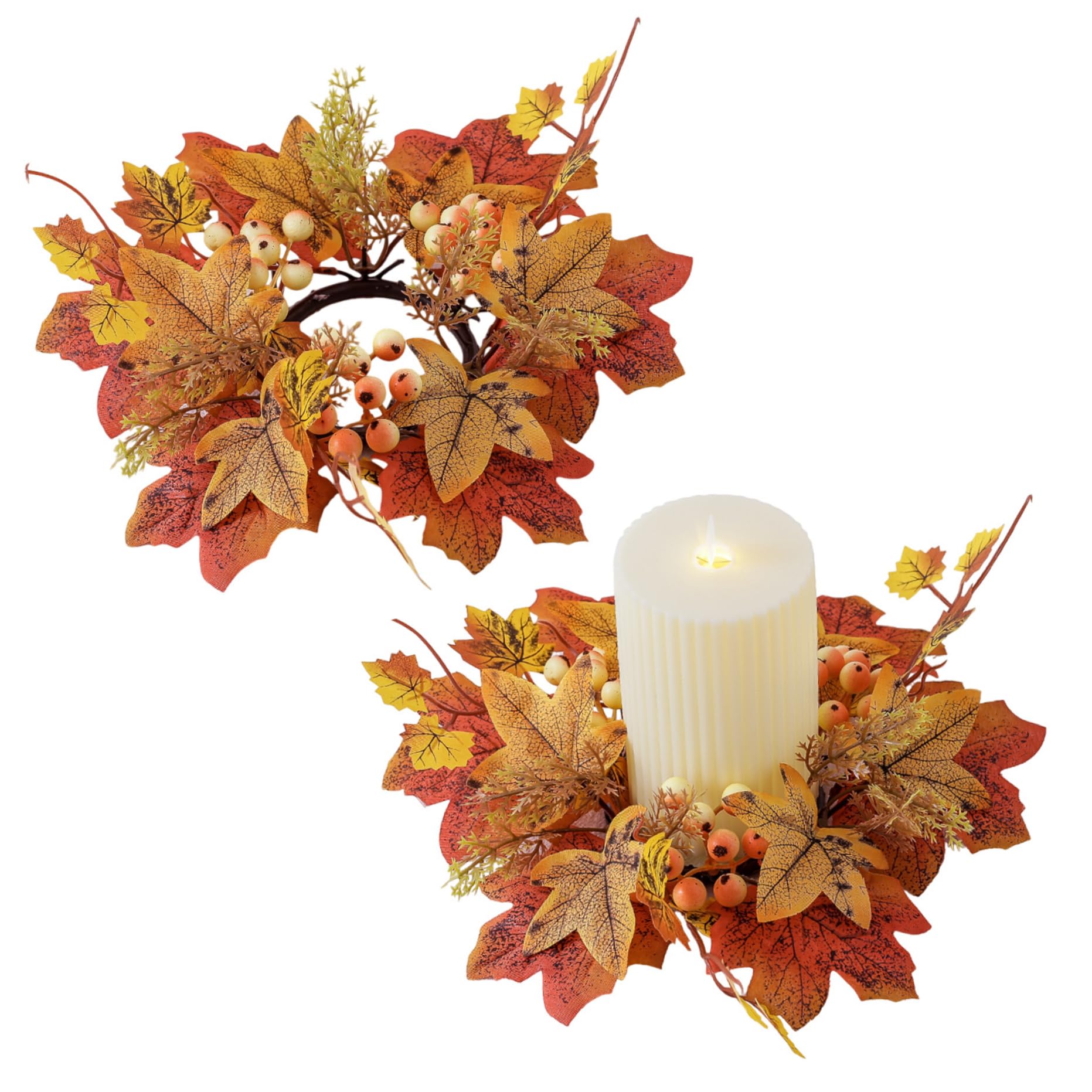 2Pcs Fall Candle Rings 9.8 Inch - Autumn Maple Leaf Wreath for Pillar Candles, Thanksgiving Table Centerpiece Decor, Seasonal Home Decor for Thanksgiving, Fall Mantel, and Holiday Dining Table