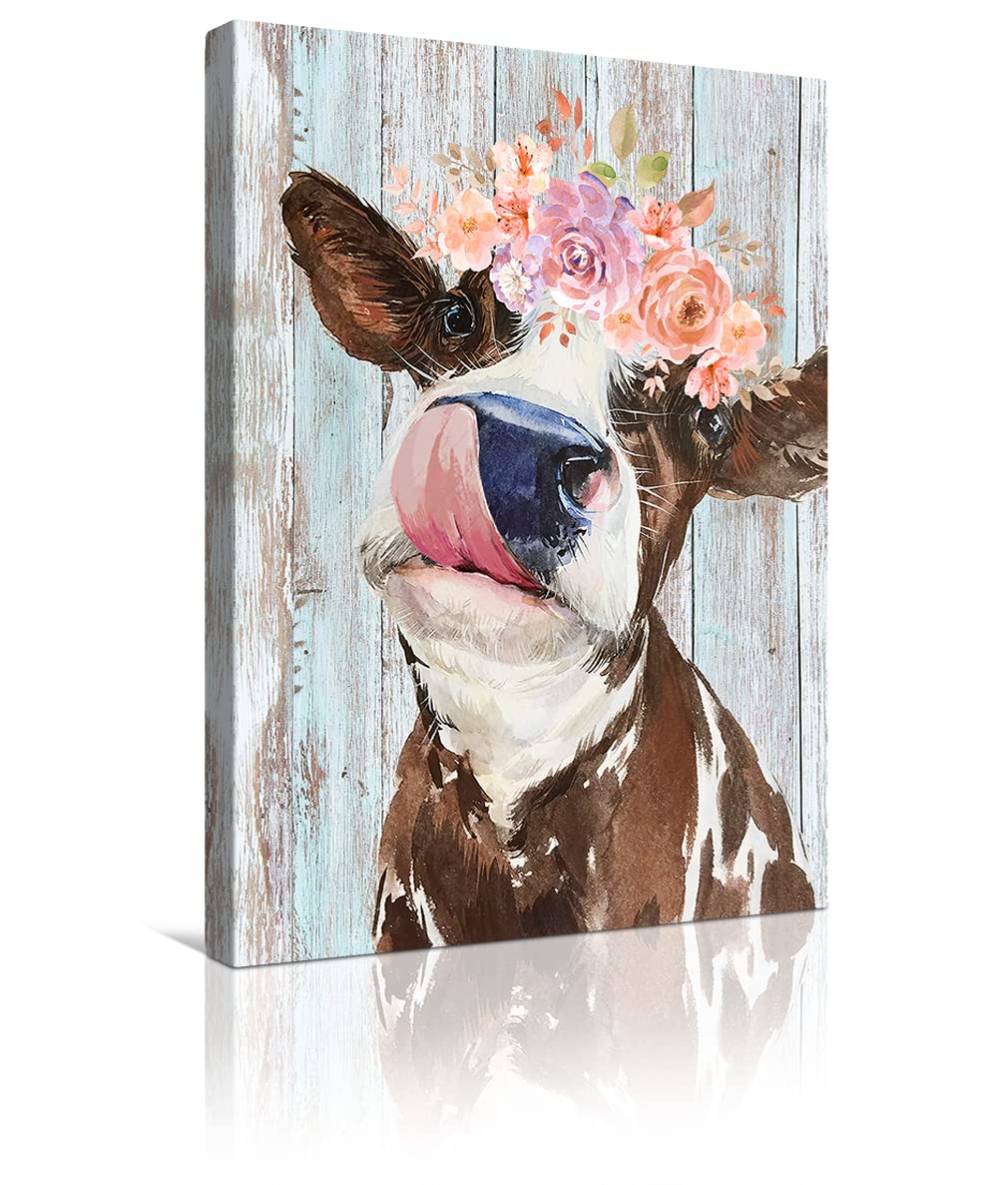 Rustic Cow Canvas Wall Art - Farmhouse Abstract Painting Framed Modern Artwork (8x10 Inch) for Bathroom, Bedroom, Living Room & Office Decor | Perfect for Country Style Home & Western Themed Spaces